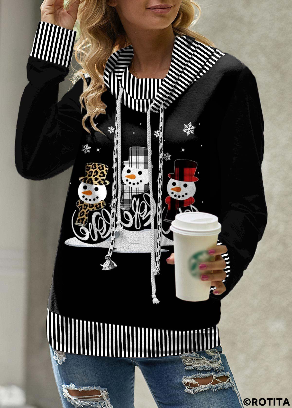 Black tops,White tops,Christmas tops,Striped tops,Geometric tops,ROTITA Patchwork Snowman Print Black Cowl Neck Christmas Sweatshirt