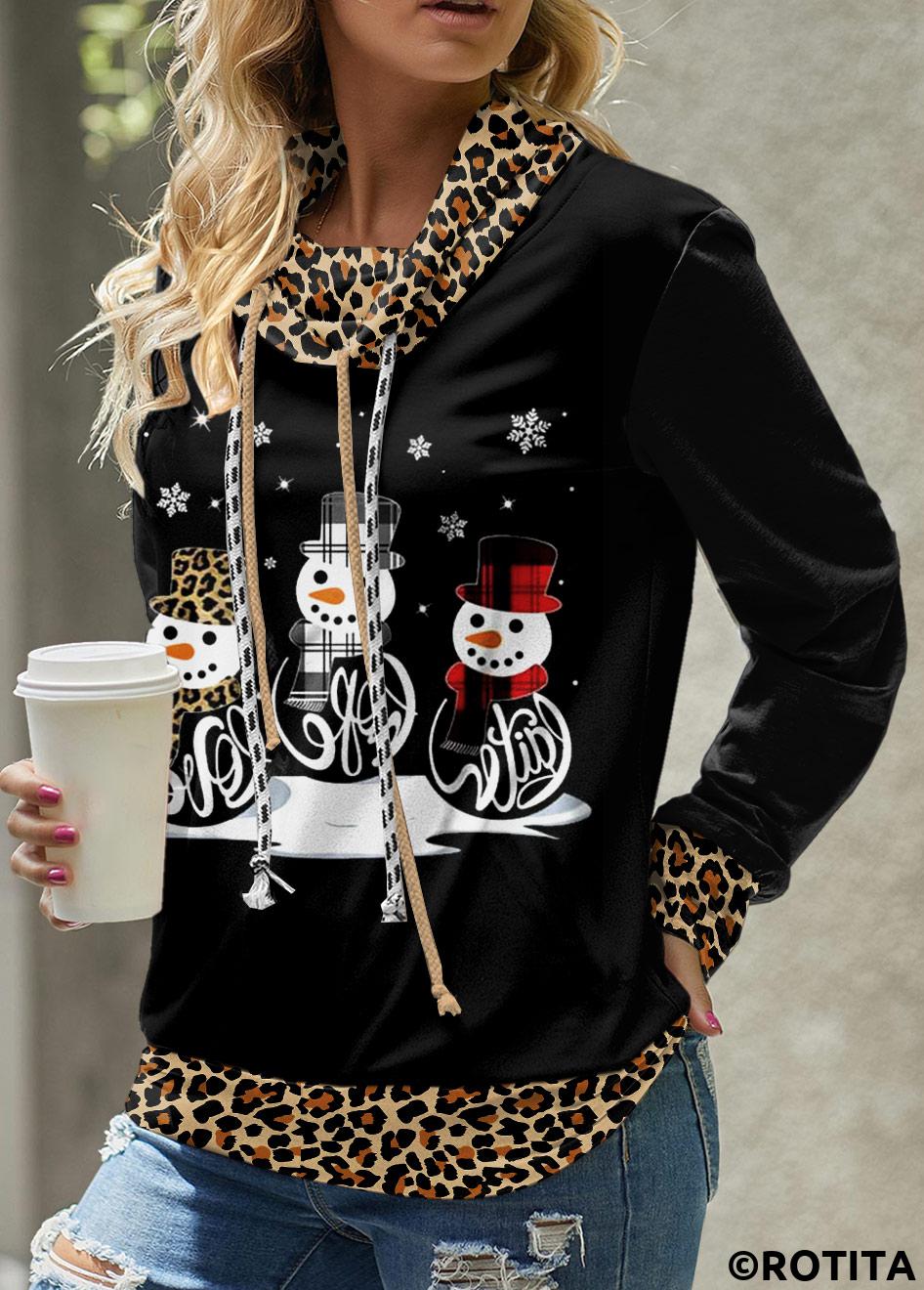 Light Coffee tops,Black tops,Leopard tops,Geometric tops,Plaid tops,Striped tops,ROTITA Patchwork Leopard Light Coffee Cowl Neck Christmas Sweatshirt