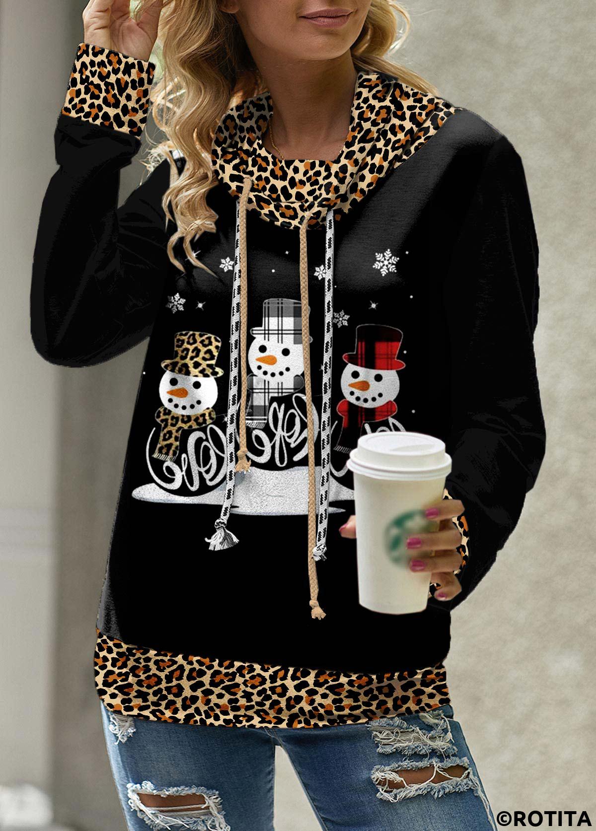 Light Coffee tops,Black tops,Leopard tops,Geometric tops,Plaid tops,Striped tops,ROTITA Patchwork Leopard Light Coffee Cowl Neck Christmas Sweatshirt