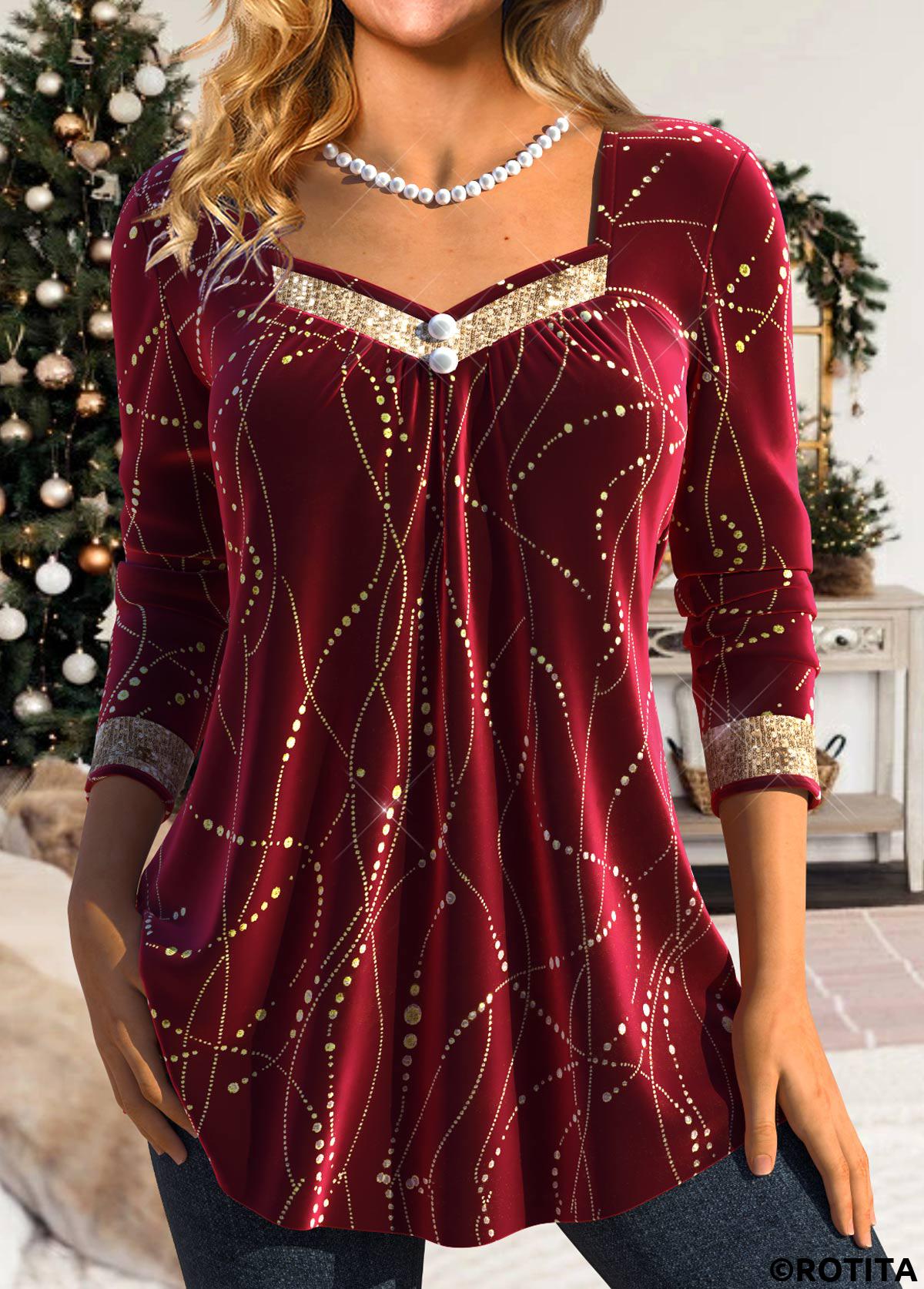 Wine Red tops,Contrast Color tops,ROTITA Sequin Wine Red Heart Collar Long Sleeve T Shirt