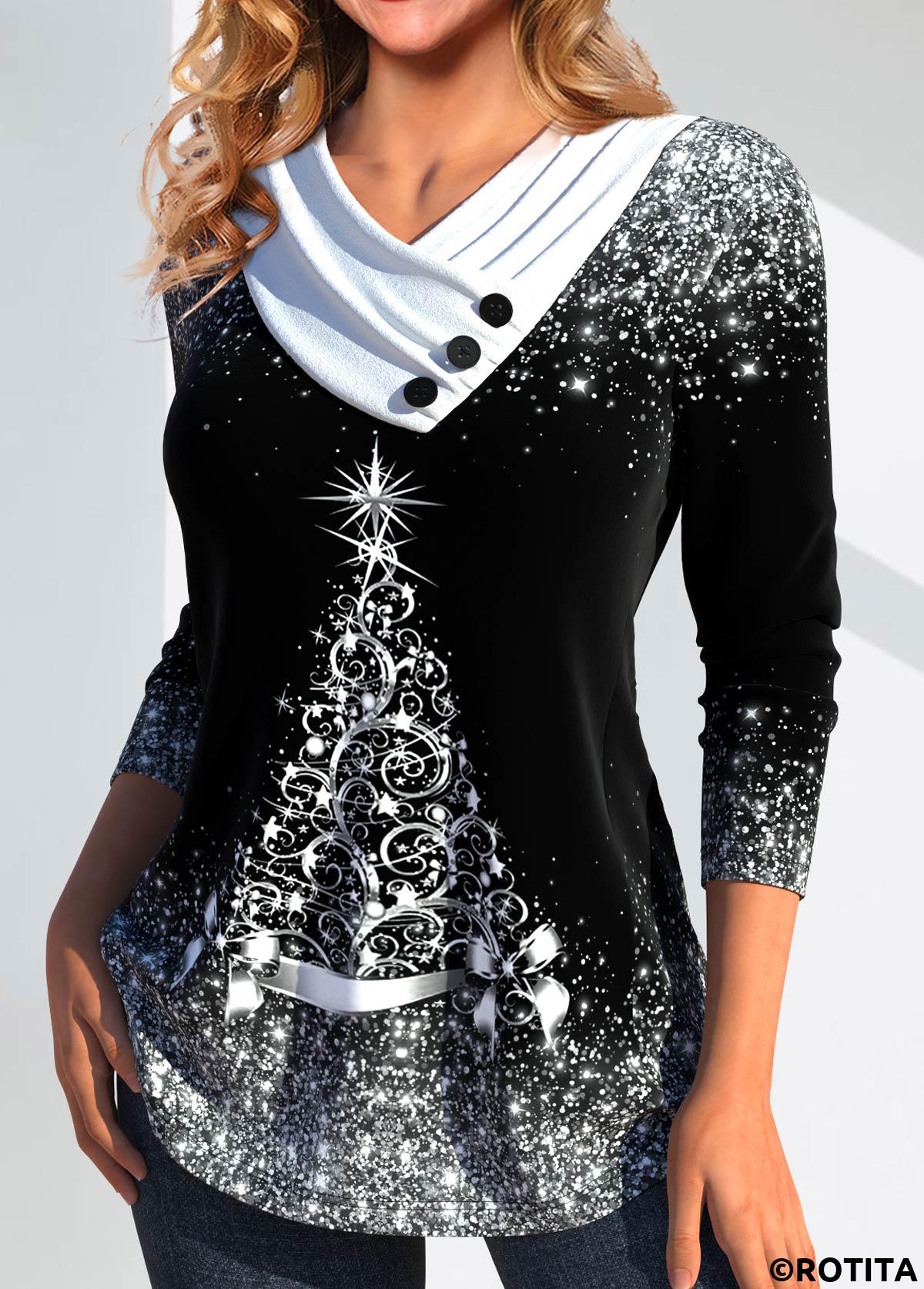 Black tops,White tops,Christmas tops,Ombre tops,Plants tops,Dot tops,ROTITA Christmas Print Black Asymmetrical Neck Long Sleeve T Shirt