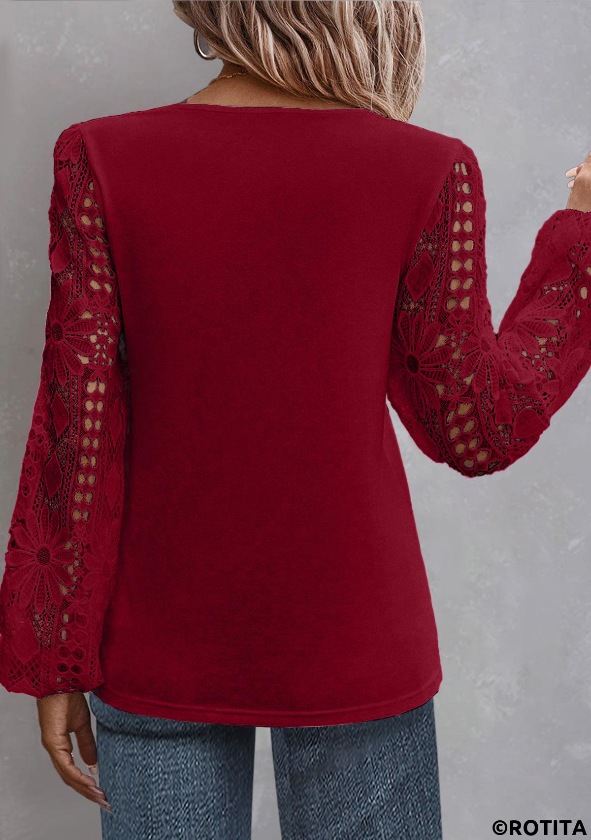 Wine Red tops,Plain Color tops,ROTITA Plus Size Lace Wine Red Asymmetrical Neck Blouse