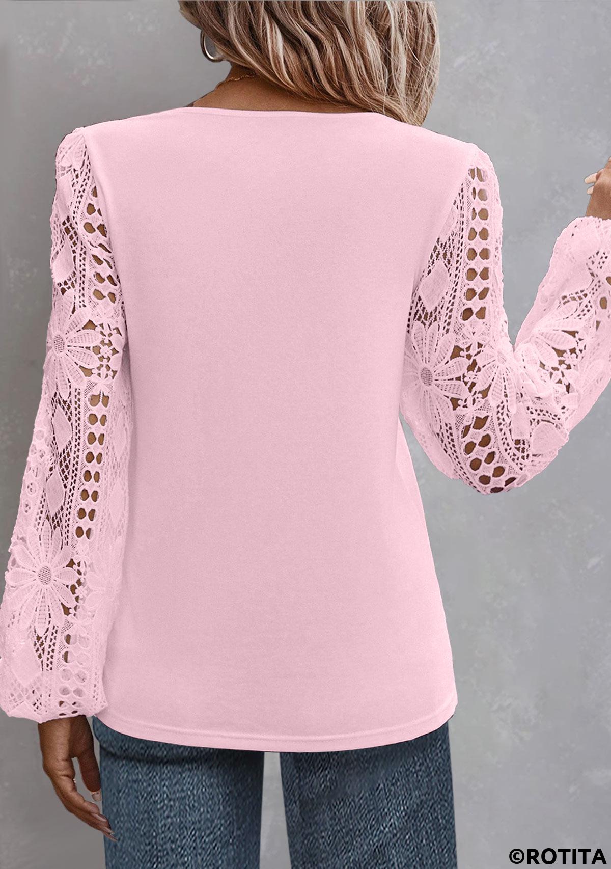 Light Pink tops,Plain Color tops,ROTITA Lace Light Pink Asymmetrical Neck Long Sleeve Blouse