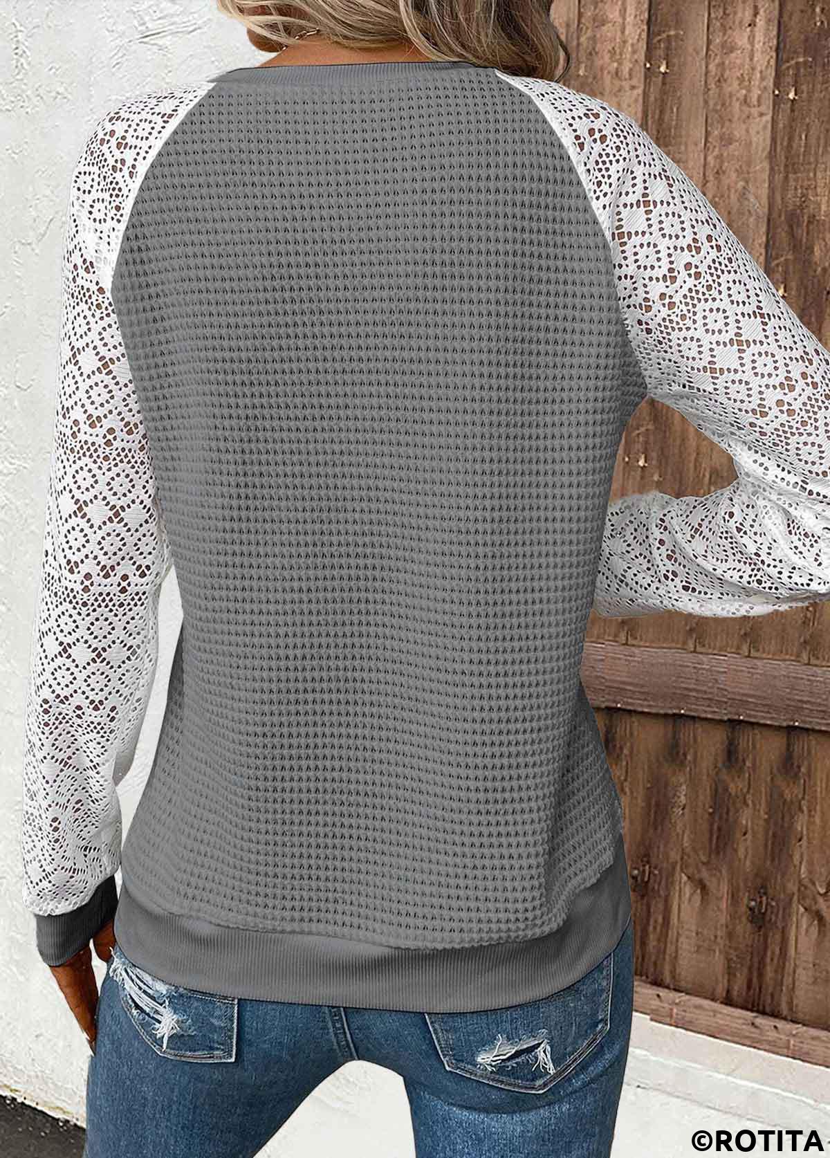 Dark Grey tops,White tops,Contrast Color tops,ROTITA Patchwork Dark Grey Round Neck Long Sleeve T Shirt