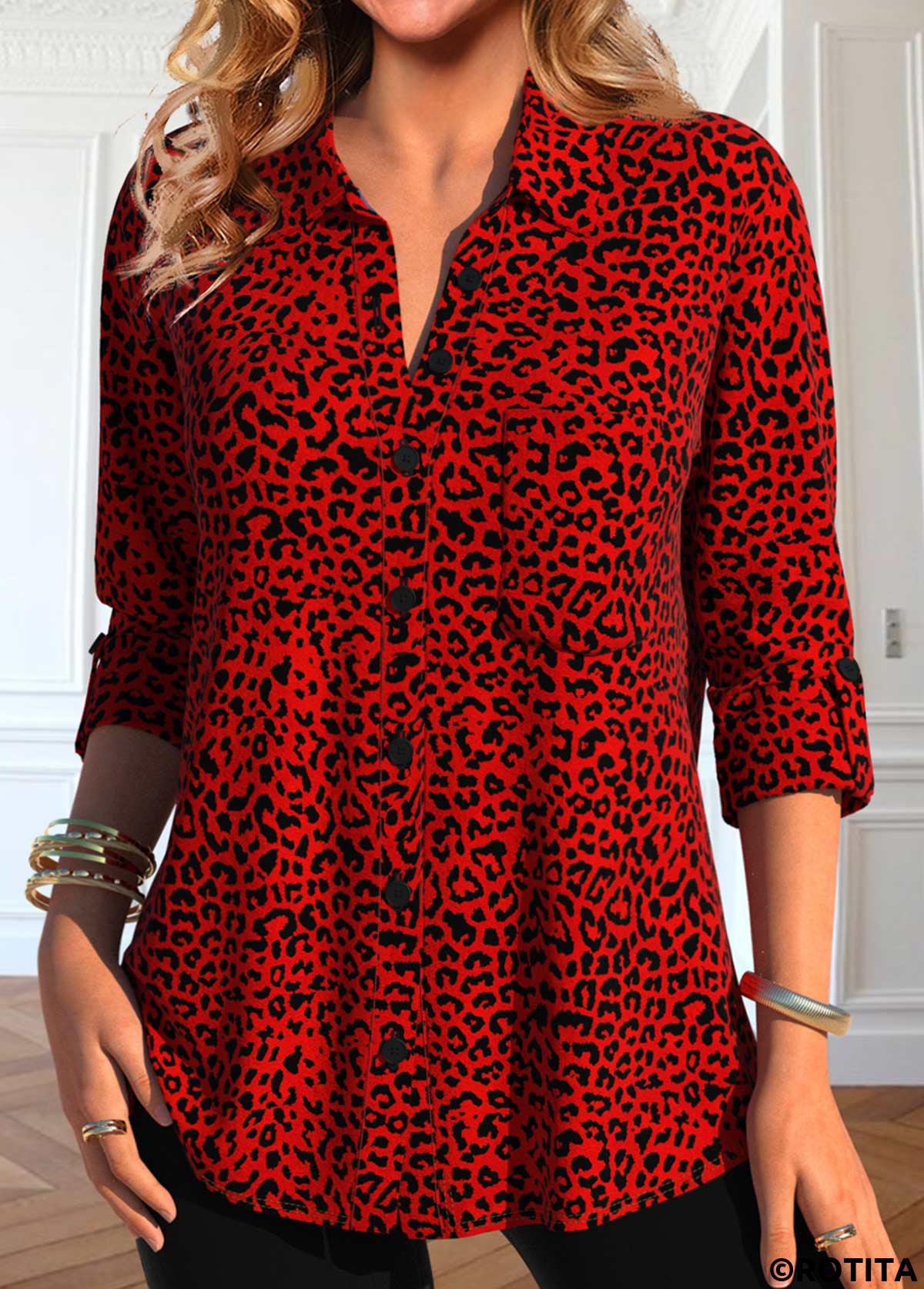 Red tops,Leopard tops,ROTITA Button Leopard Red Shirt Collar Long Sleeve Blouse