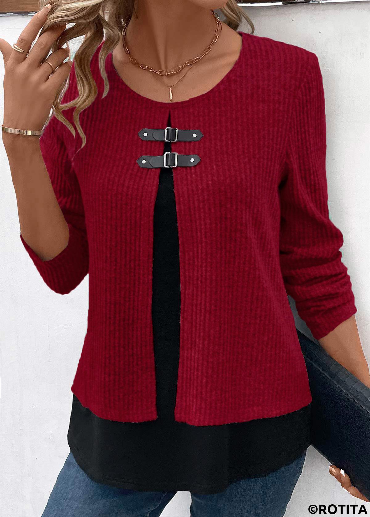 Wine Red plus size,Contrast Color plus size,ROTITA Plus Size Patchwork Wine Red Fake Two Piece Twinset