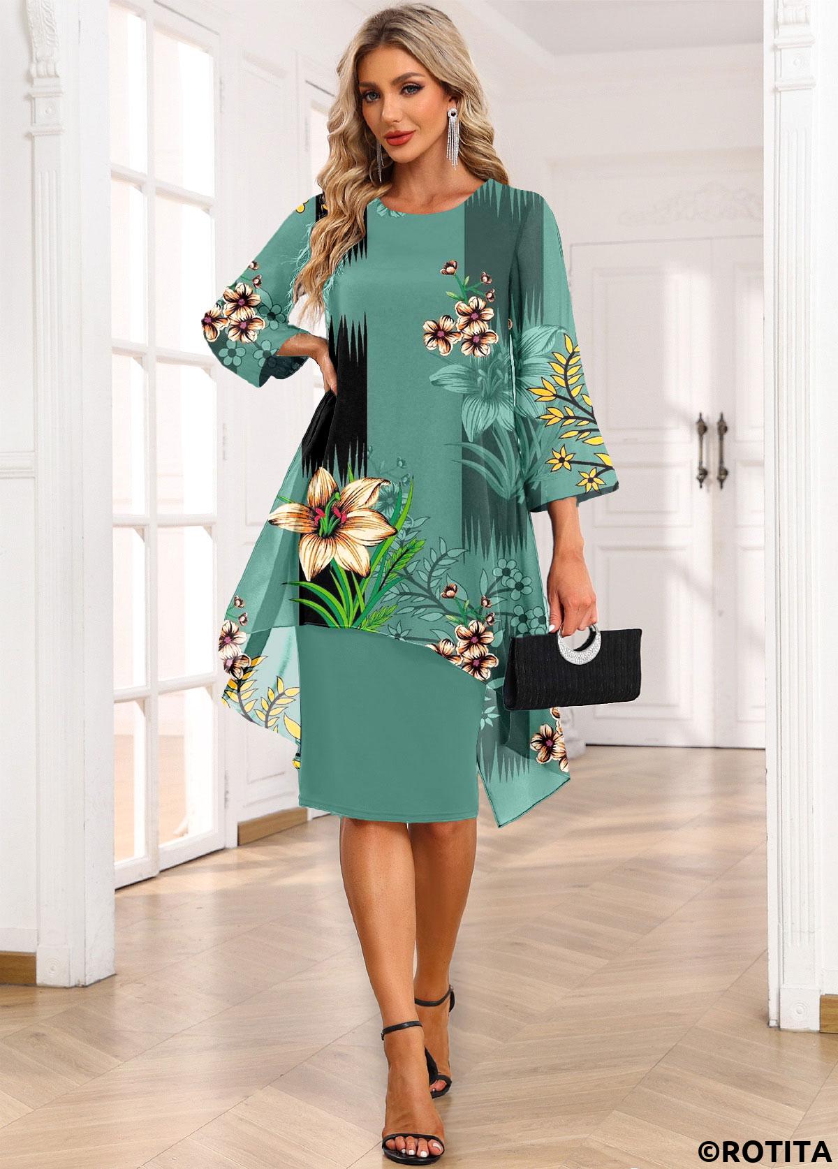 Green dresses,Floral dresses,Plants dresses,Geometric dresses,Party dresses,Elegant dresses,ROTITA Fake 2in1 Floral Print Green High Low Dress