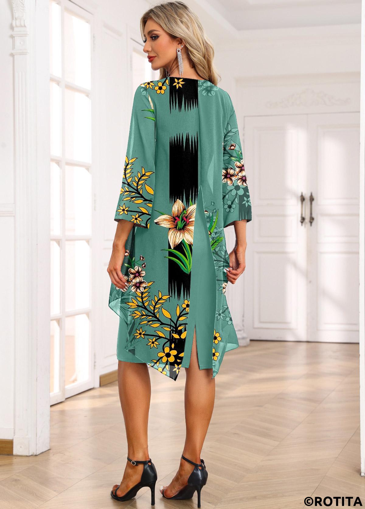 Green dresses,Floral dresses,Plants dresses,Geometric dresses,Party dresses,Elegant dresses,ROTITA Fake 2in1 Floral Print Green High Low Dress