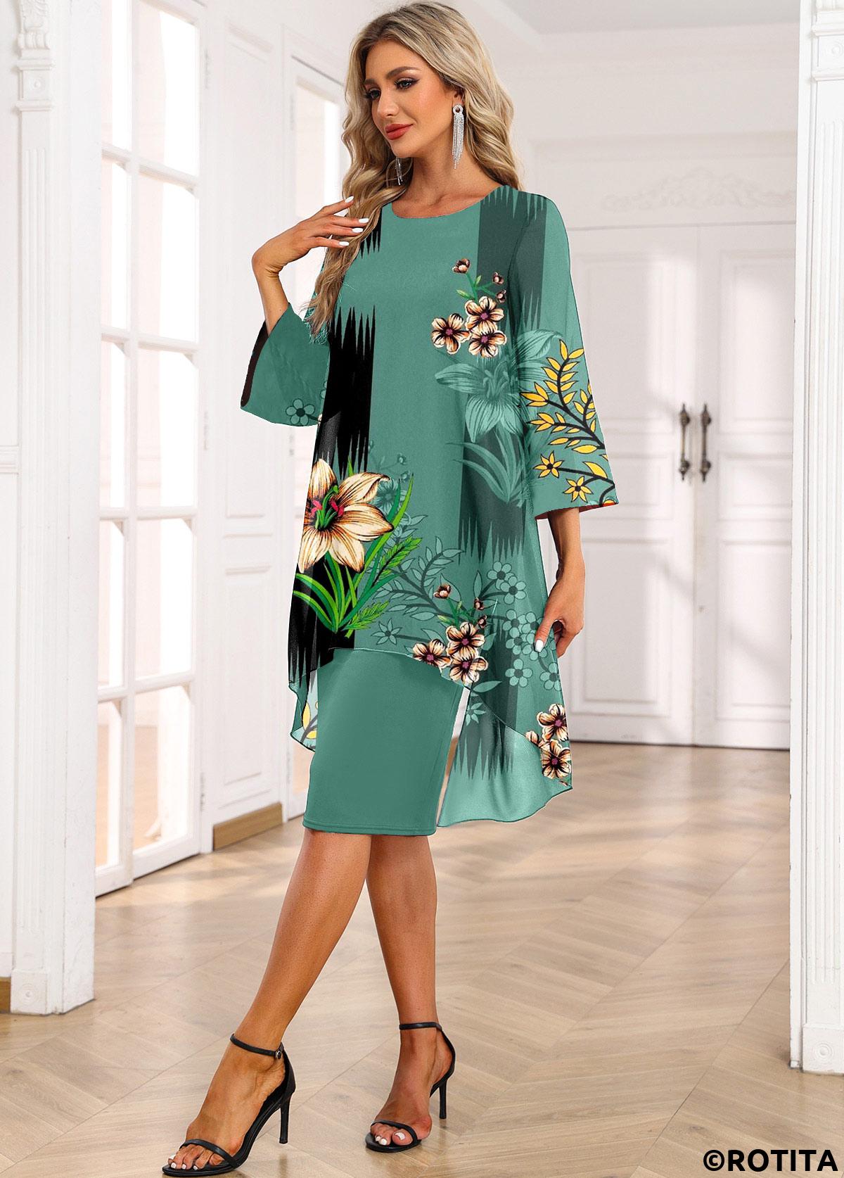 Green dresses,Floral dresses,Plants dresses,Geometric dresses,Party dresses,Elegant dresses,ROTITA Fake 2in1 Floral Print Green High Low Dress