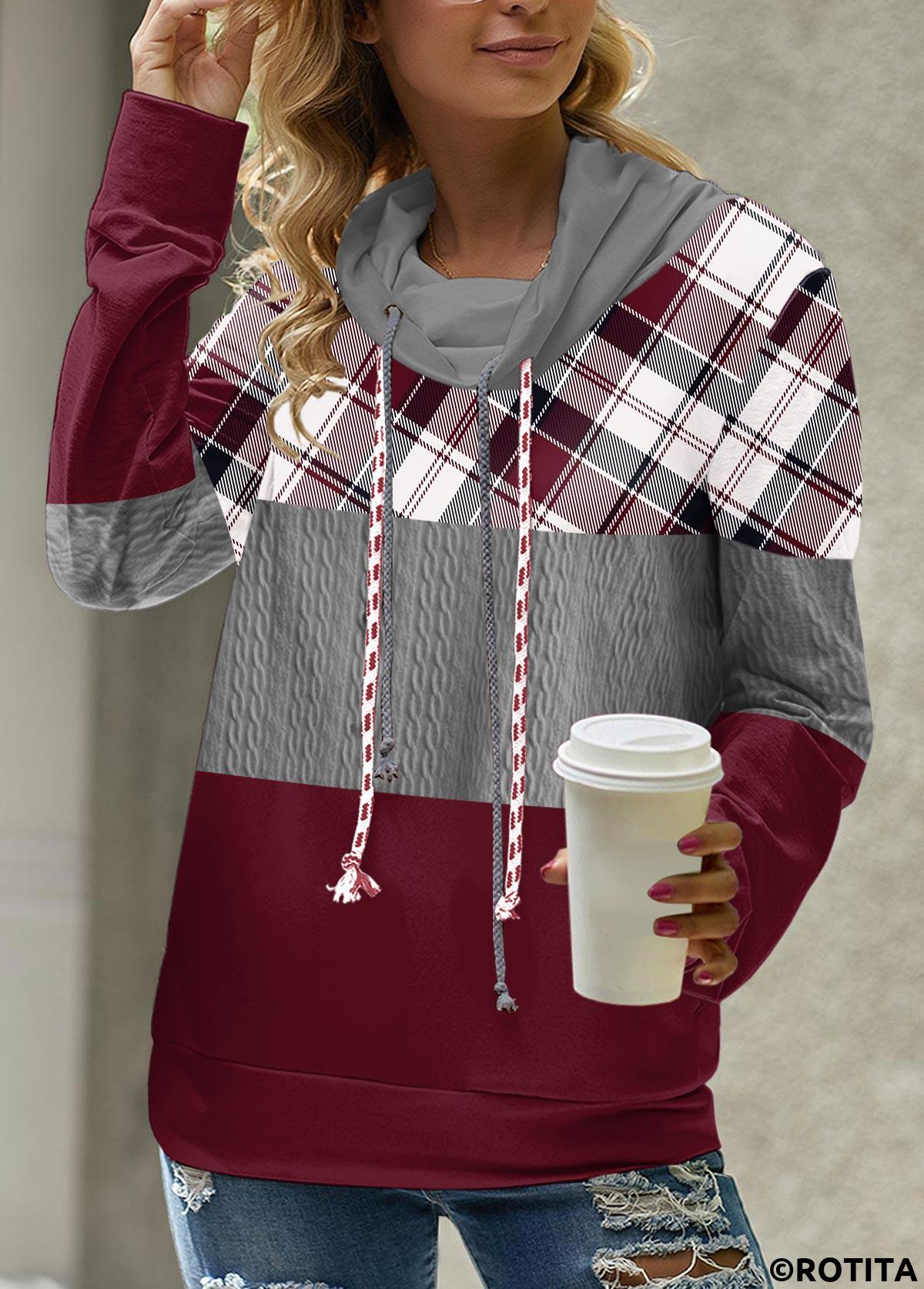 Rotita-Patchwork-Karo-Sweatshirt mit mehrfarbigem Wasserfallausschnitt und langen Ärmeln