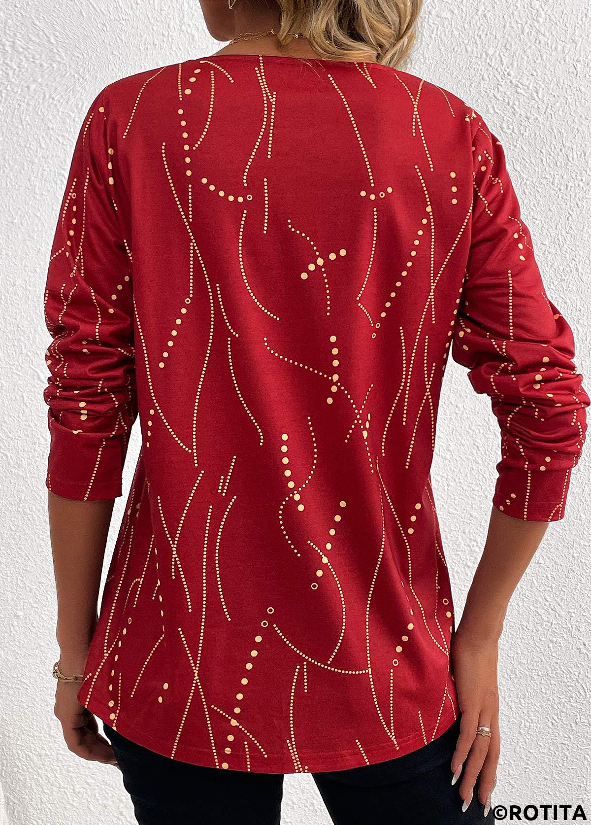 Wine Red plus size,Light Yellow plus size,Geometric plus size,Dot plus size,Striped plus size,ROTITA Plus Size Button Wine Red Geometric Print T Shirt