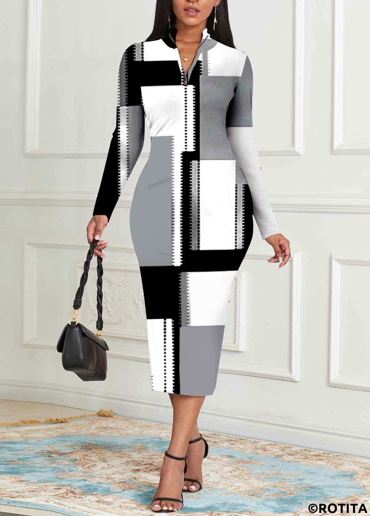 Grey dresses,White dresses,Geometric dresses,Striped dresses,Party dresses,Elegant dresses,ROTITA Zipper Geometric Print Grey Stand Collar Bodycon Dress