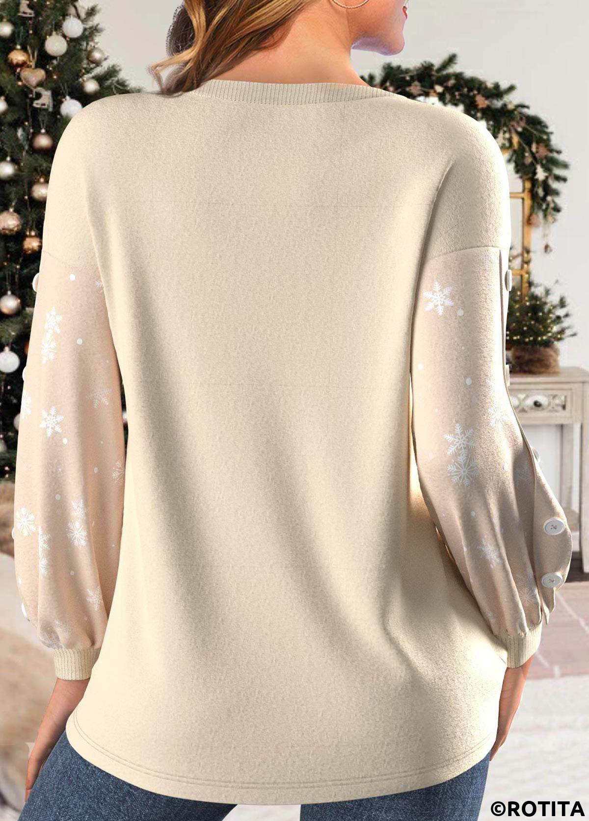 Light Camel tops,Christmas tops,Letter tops,Plants tops,ROTITA Button Christmas Print Light Camel Round Neck Sweatshirt