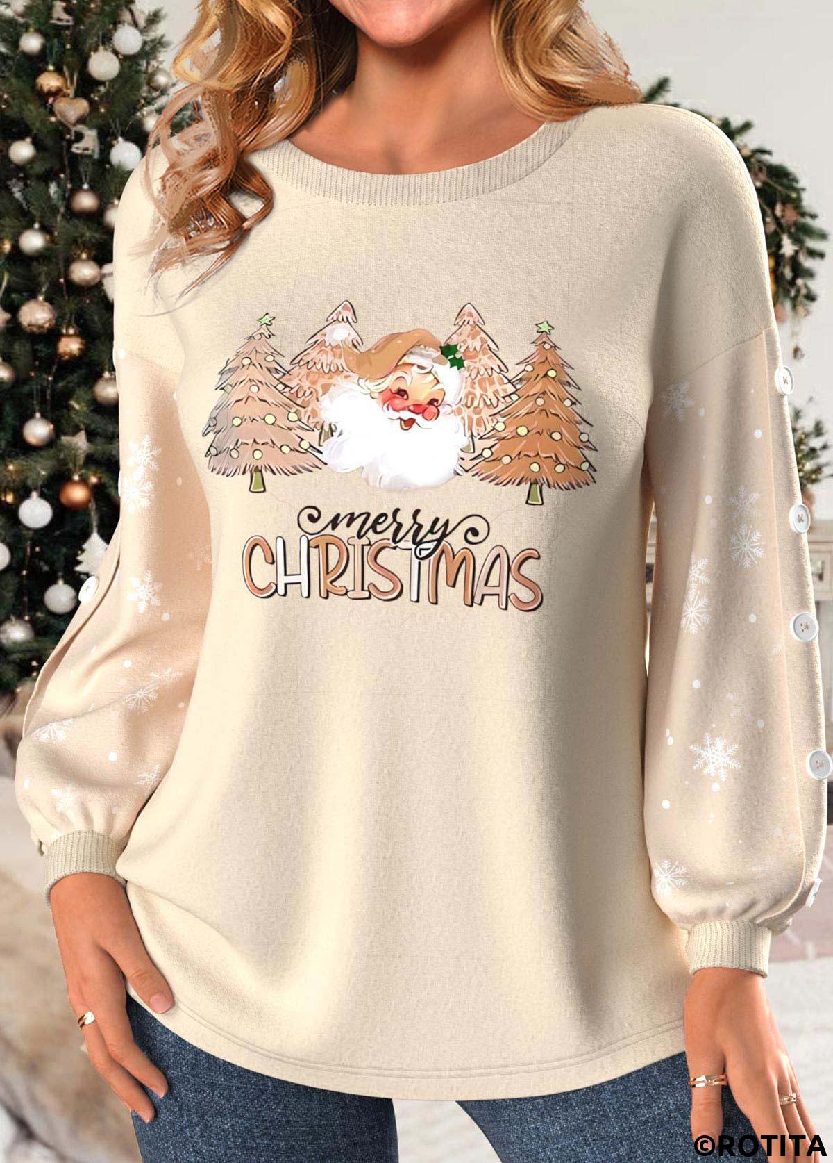 Light Camel tops,Christmas tops,Letter tops,Plants tops,ROTITA Button Christmas Print Light Camel Round Neck Sweatshirt