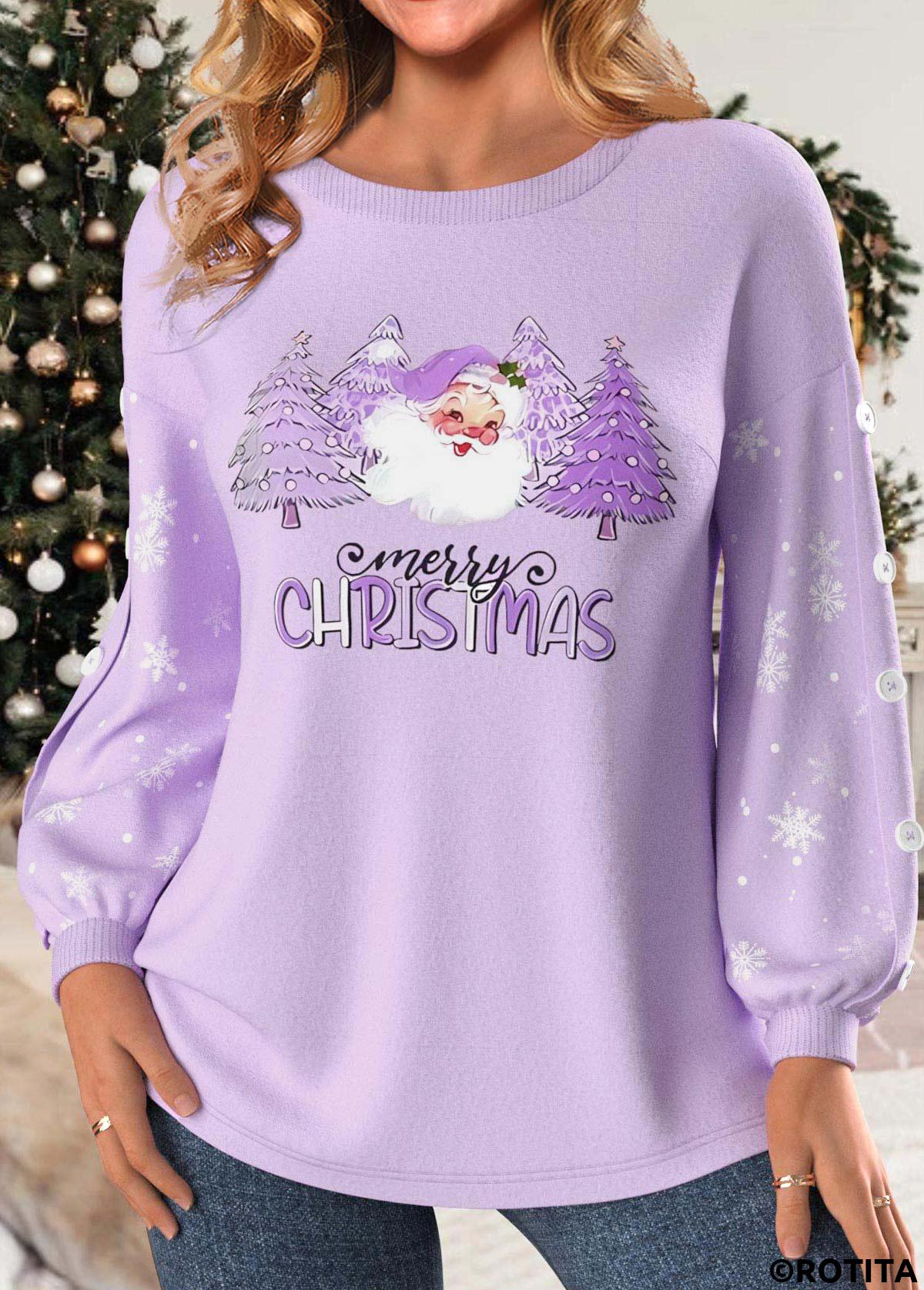 Light Purple tops,Christmas tops,Plants tops,Letter tops,ROTITA Button Christmas Print Light Purple Round Neck Sweatshirt