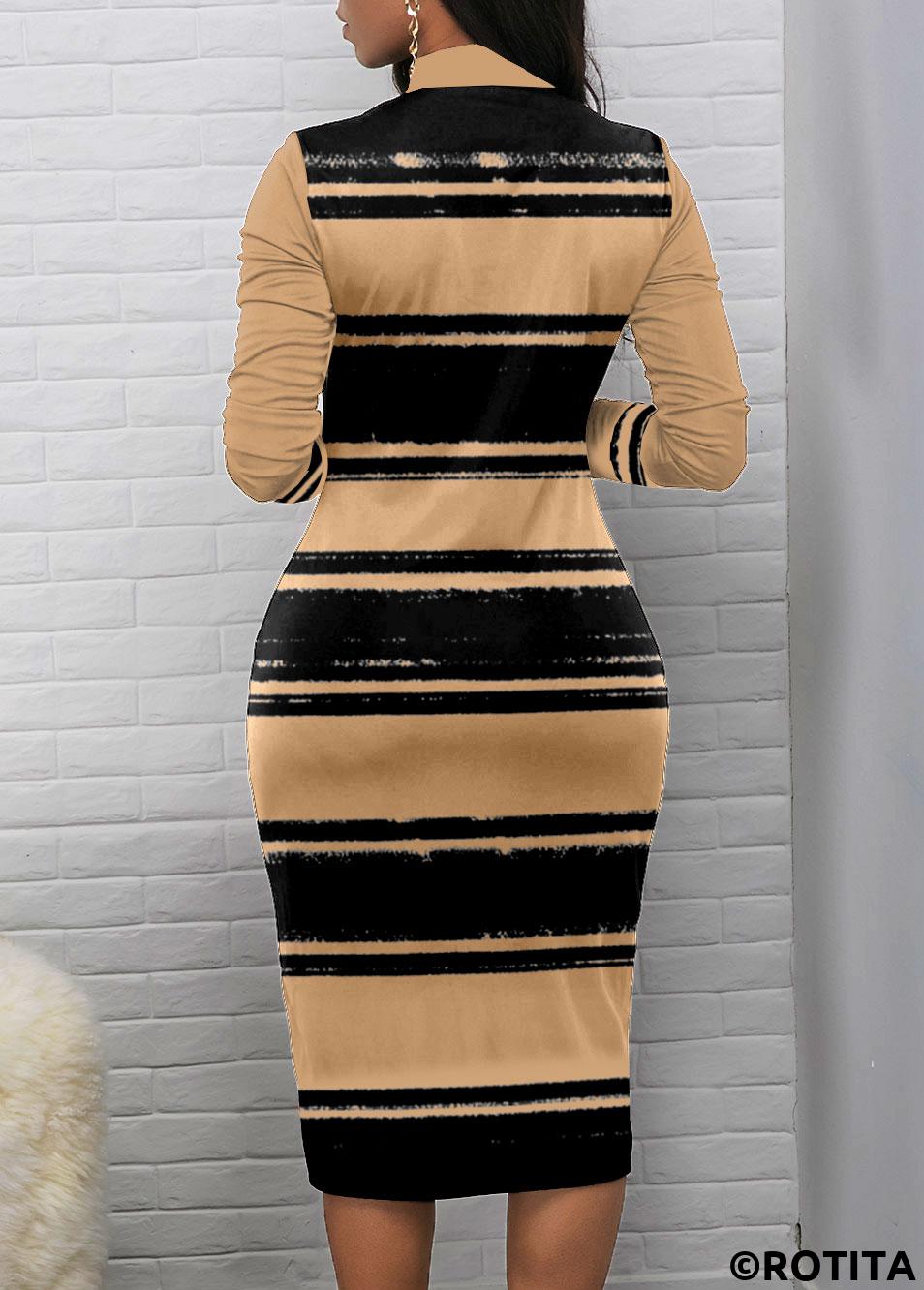 Light Camel dresses,Black dresses,Striped dresses,Geometric dresses,Party dresses,Elegant dresses,ROTITA Zipper Striped Light Camel Stand Collar Bodycon Dress