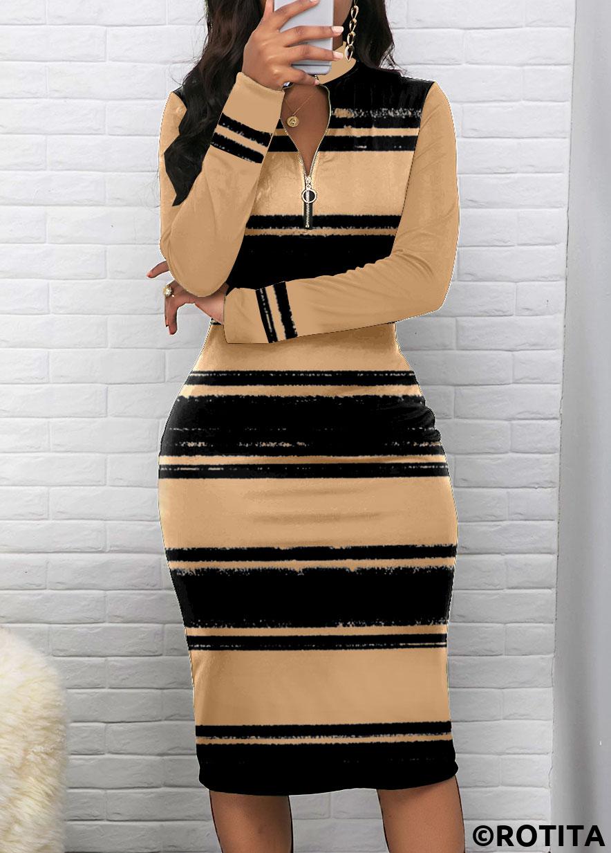 Light Camel dresses,Black dresses,Striped dresses,Geometric dresses,Party dresses,Elegant dresses,ROTITA Zipper Striped Light Camel Stand Collar Bodycon Dress