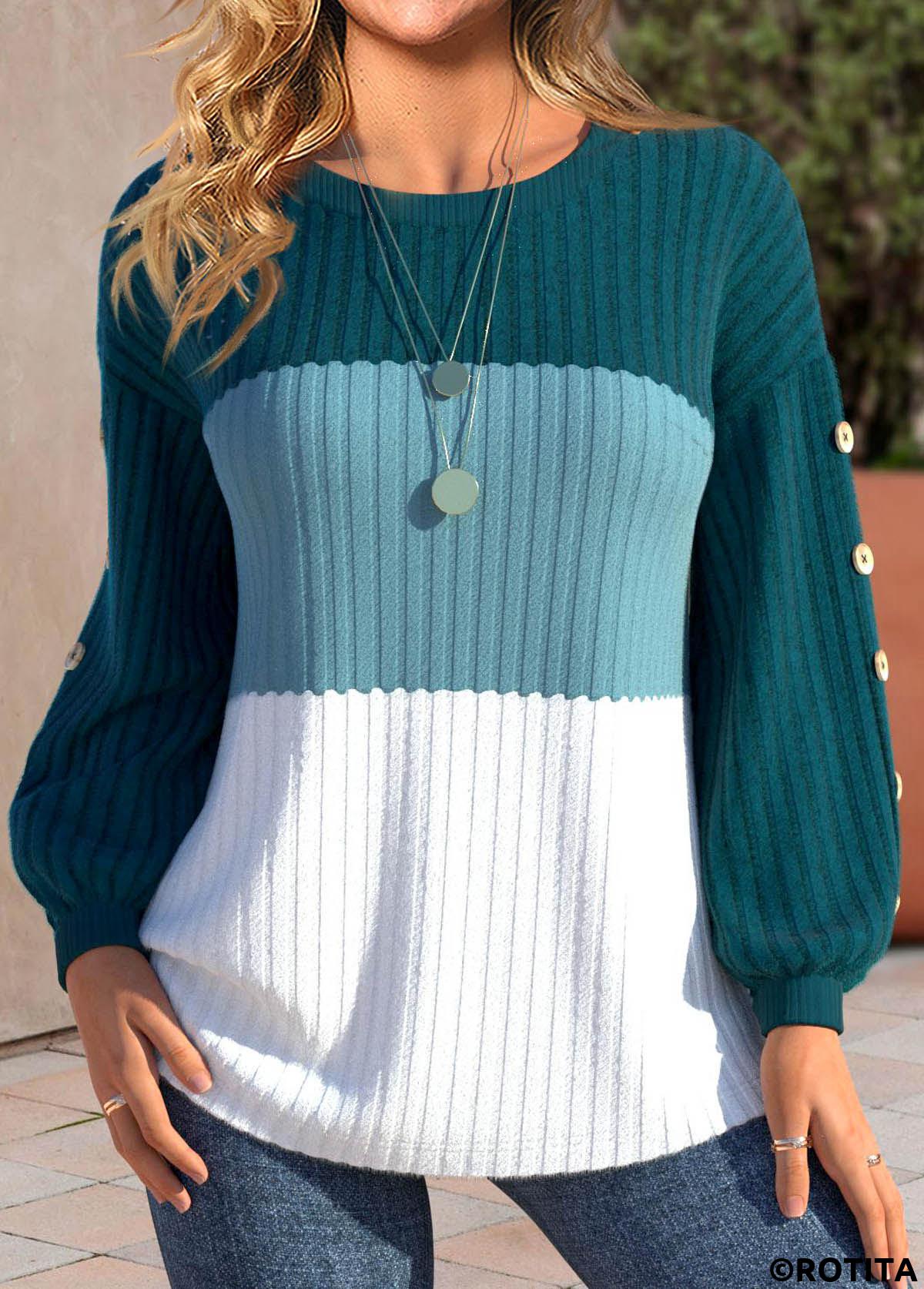 Turquoise tops,White tops,Contrast Color tops,ROTITA Patchwork Turquoise Round Neck Long Sleeve Sweatshirt