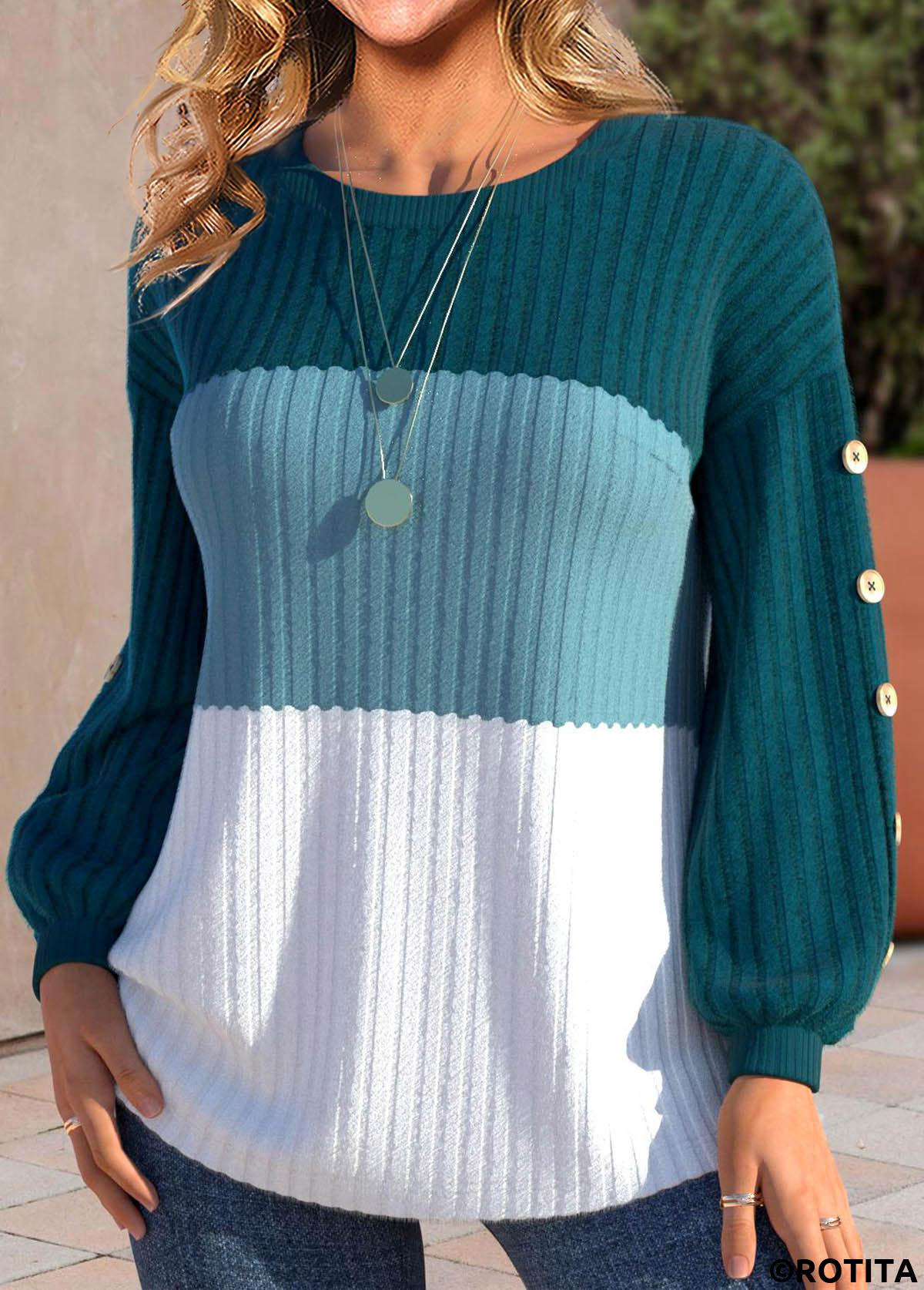 Turquoise tops,White tops,Contrast Color tops,ROTITA Patchwork Turquoise Round Neck Long Sleeve Sweatshirt
