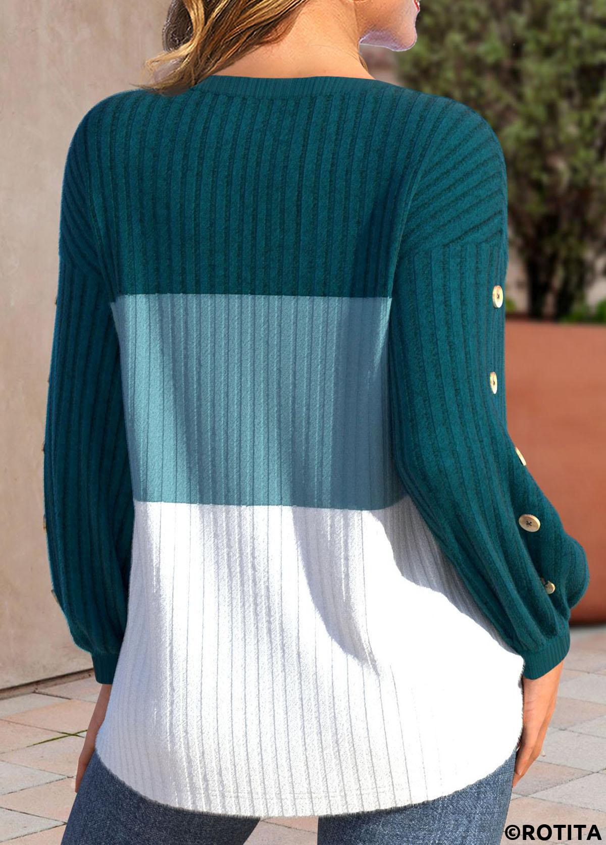 Turquoise tops,White tops,Contrast Color tops,ROTITA Patchwork Turquoise Round Neck Long Sleeve Sweatshirt
