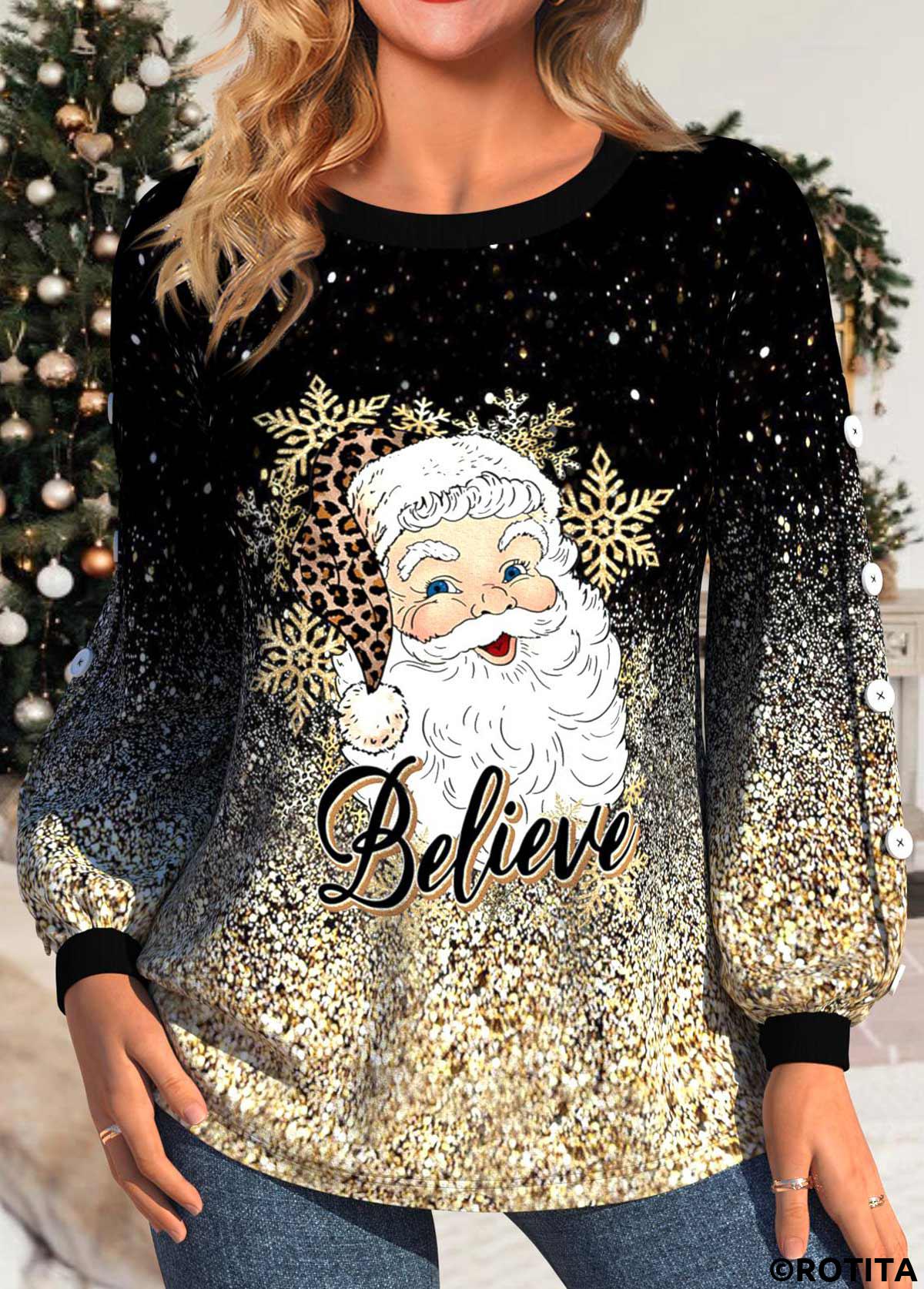 Golden plus size,Black plus size,Christmas plus size,Letter plus size,Leopard plus size,Ombre plus size,ROTITA Plus Size Button Golden Santa Claus Print Sweatshirt