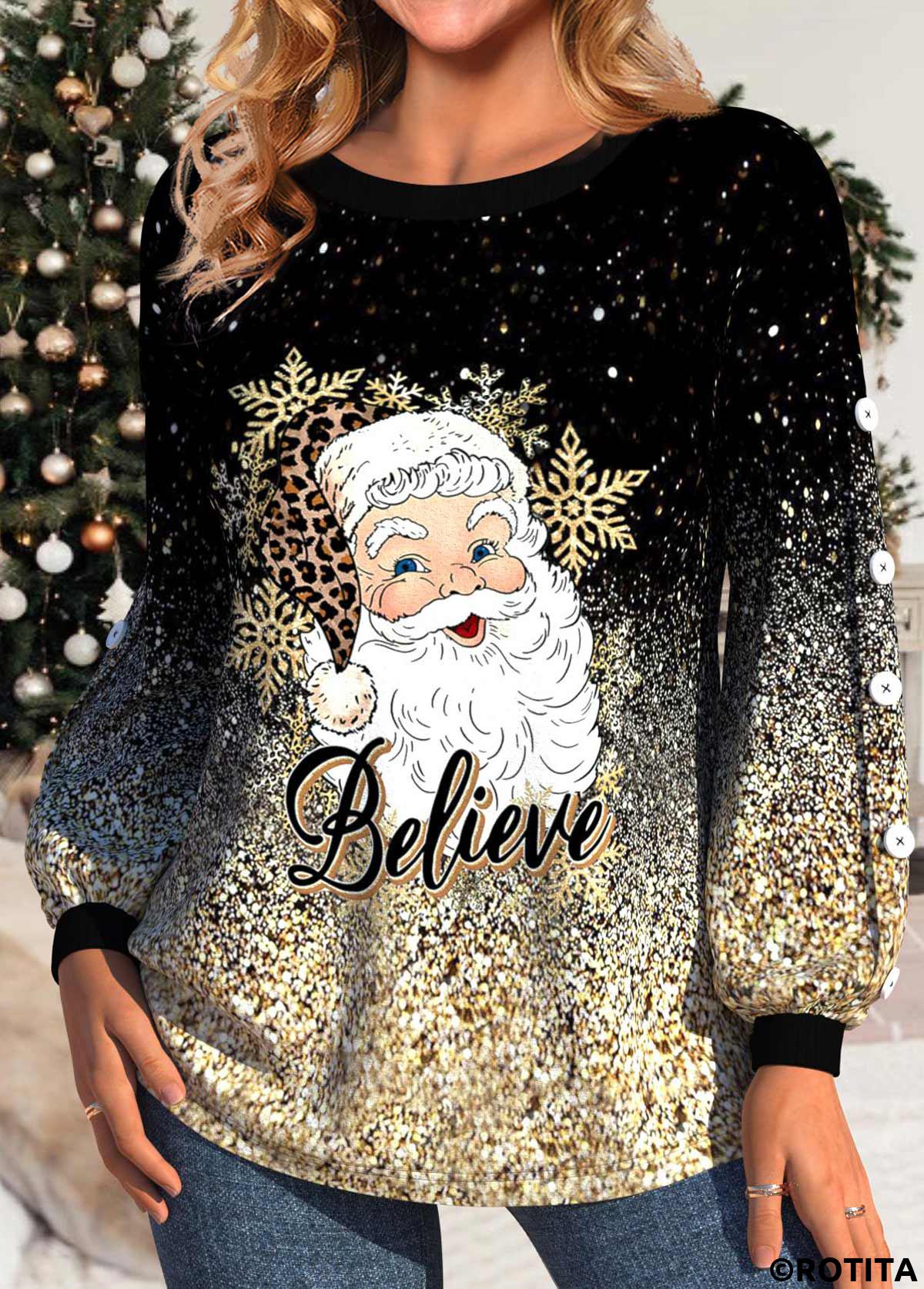 Golden plus size,Black plus size,Christmas plus size,Letter plus size,Leopard plus size,Ombre plus size,ROTITA Plus Size Button Golden Santa Claus Print Sweatshirt