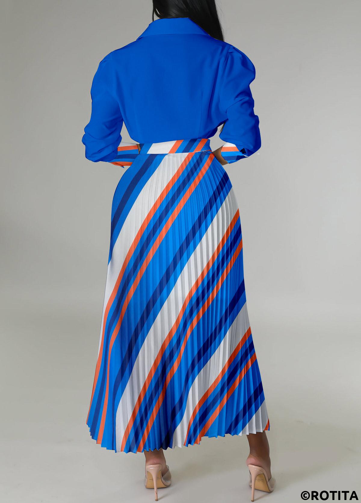 Royal Blue dresses,Striped dresses,Geometric dresses,Party dresses,Elegant dresses,ROTITA Pleated Striped Royal Blue Belted Cross Collar Dress