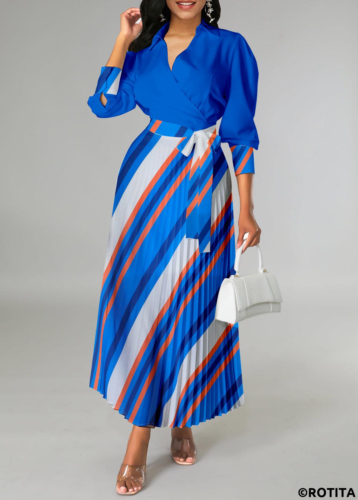 Royal Blue dresses,Striped dresses,Geometric dresses,Party dresses,Elegant dresses,ROTITA Pleated Striped Royal Blue Belted Cross Collar Dress