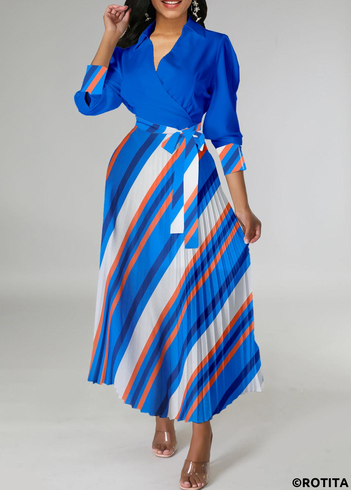 Royal Blue dresses,Striped dresses,Geometric dresses,Party dresses,Elegant dresses,ROTITA Pleated Striped Royal Blue Belted Cross Collar Dress