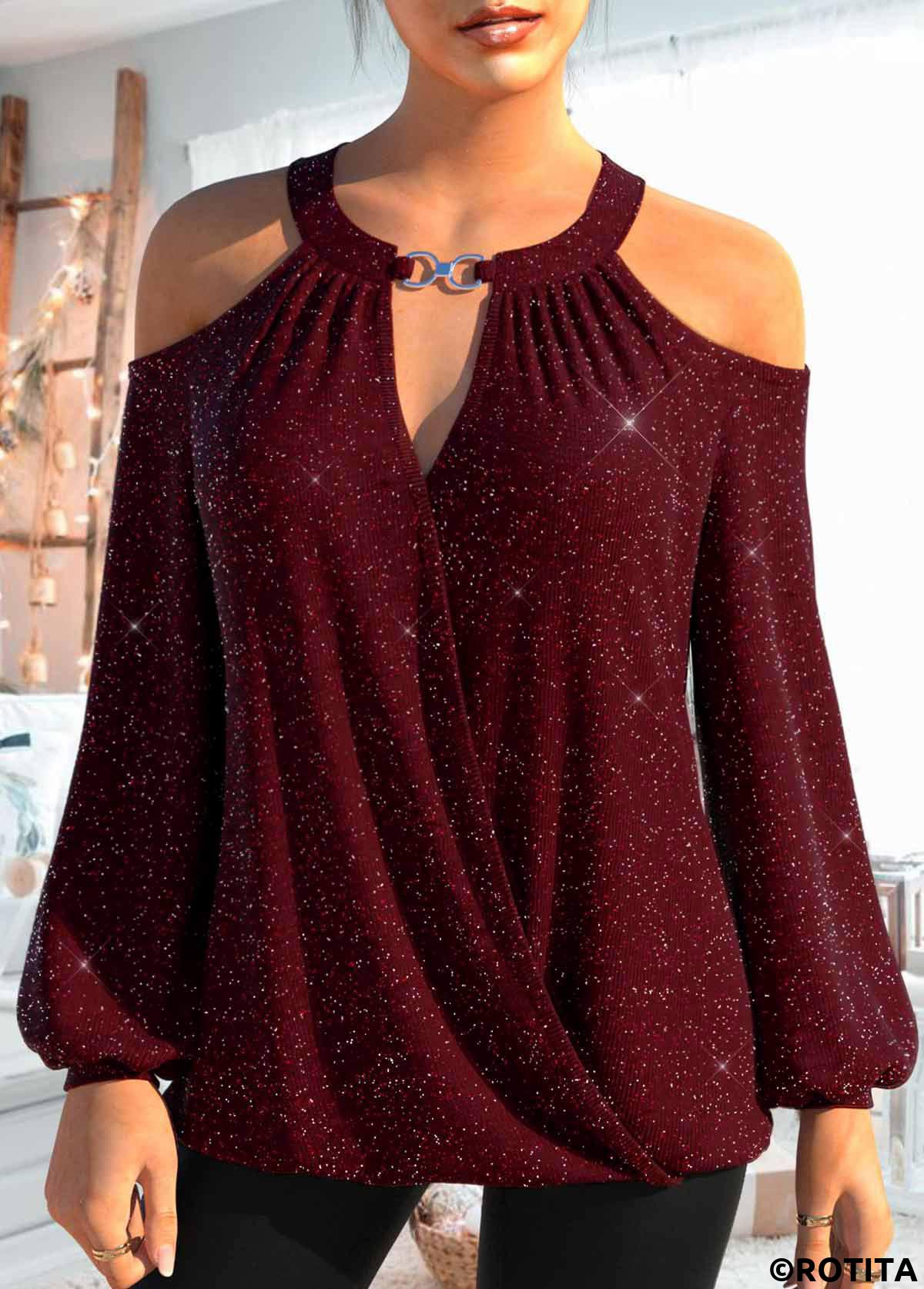 Wine Red tops,Plain Color tops,ROTITA Cut Out Wine Red Round Neck Long Sleeve Shirt