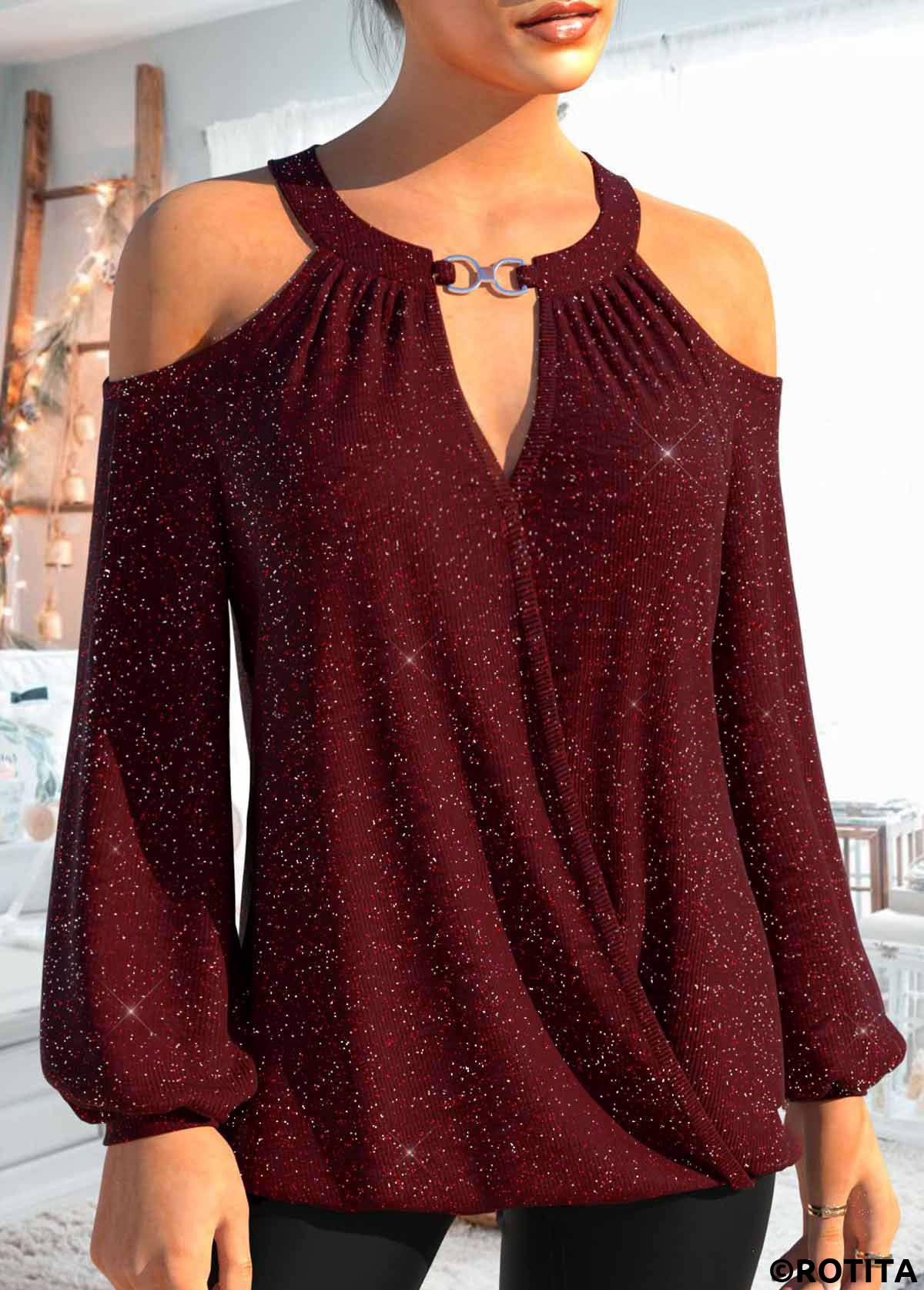 Wine Red tops,Plain Color tops,ROTITA Cut Out Wine Red Round Neck Long Sleeve Shirt
