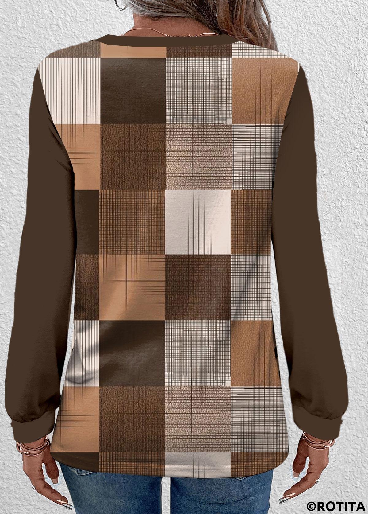 Dark Coffee tops,Geometric tops,Plaid tops,Striped tops,ROTITA Button Geometric Print Dark Coffee Round Neck T Shirt