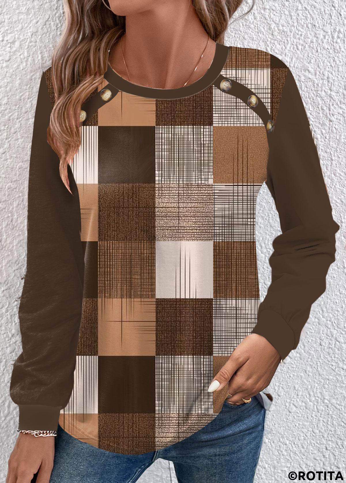 Dark Coffee tops,Geometric tops,Plaid tops,Striped tops,ROTITA Button Geometric Print Dark Coffee Round Neck T Shirt