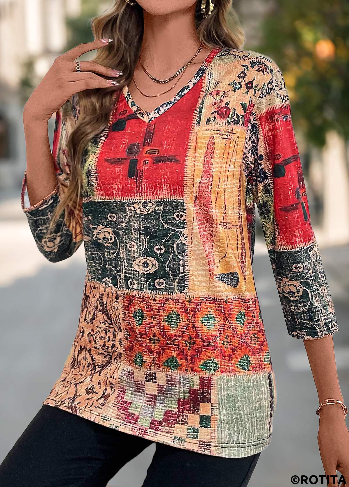 Multi Color tops,Tribal tops,Geometric tops,Floral tops,Plants tops,Patchwork Tribal Print Multi Color V Neck T Shirt