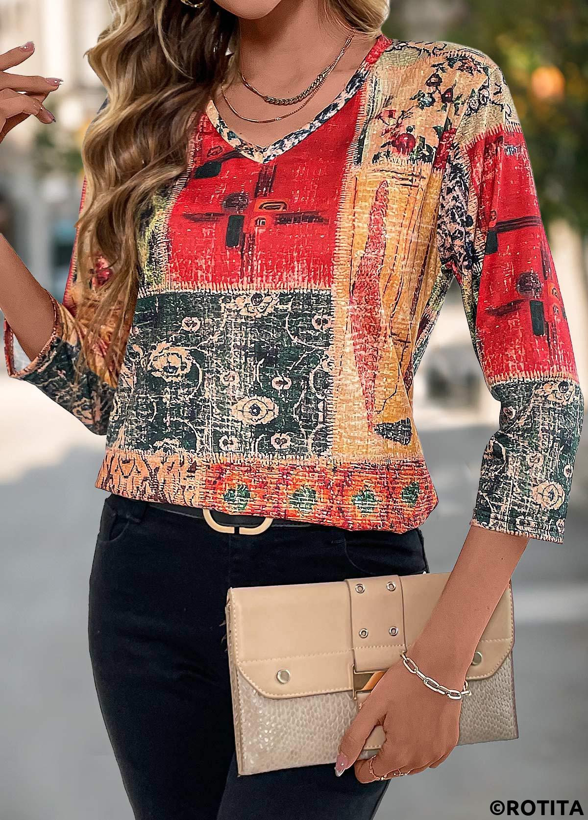 Multi Color tops,Tribal tops,Geometric tops,Floral tops,Plants tops,Patchwork Tribal Print Multi Color V Neck T Shirt