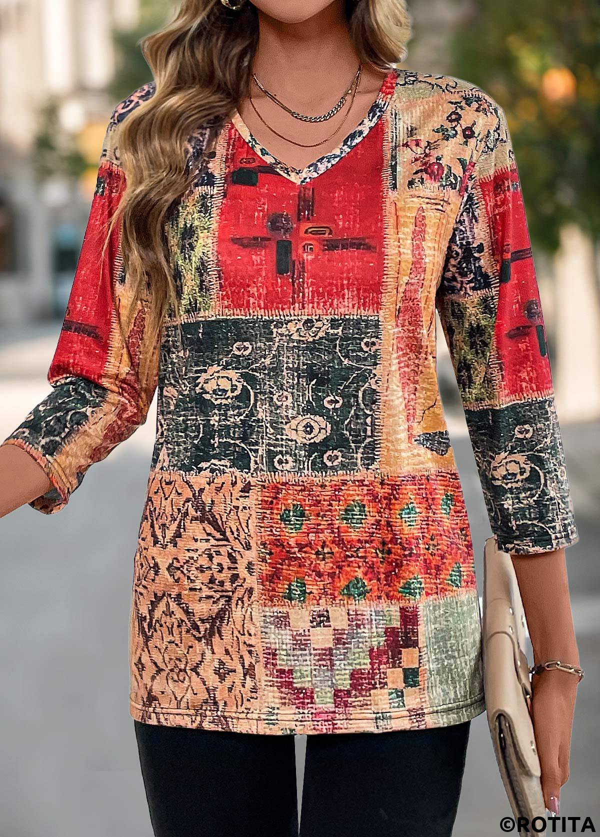 Multi Color tops,Tribal tops,Geometric tops,Floral tops,Plants tops,Patchwork Tribal Print Multi Color V Neck T Shirt