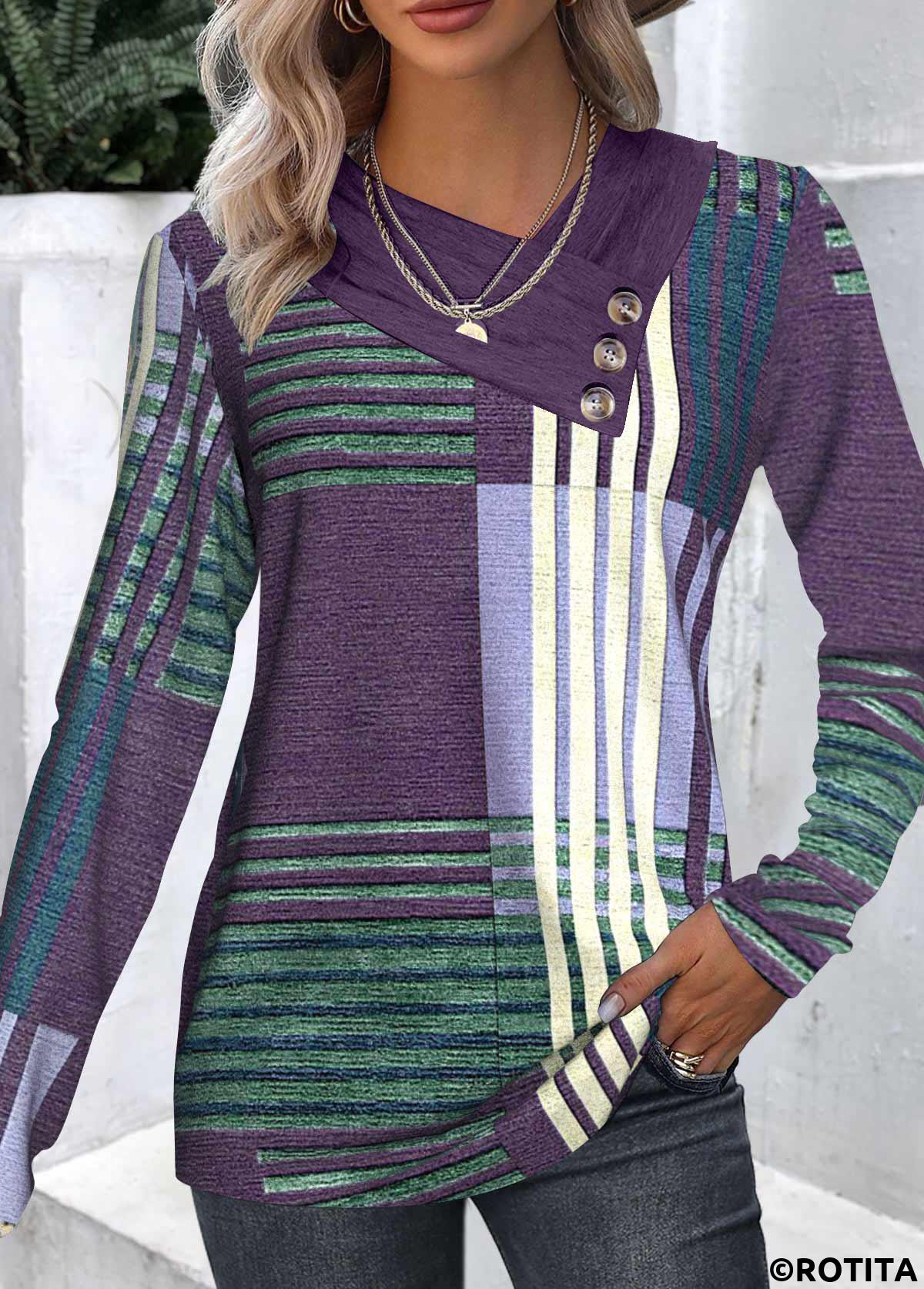 Purple tops,Green tops,Geometric tops,Striped tops,ROTITA Patchwork Geometric Print Asymmetrical Neck Long Sleeve T Shirt