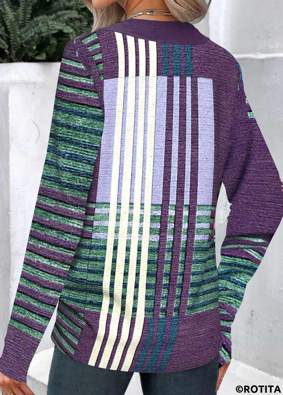 Purple tops,Green tops,Geometric tops,Striped tops,ROTITA Patchwork Geometric Print Asymmetrical Neck Long Sleeve T Shirt