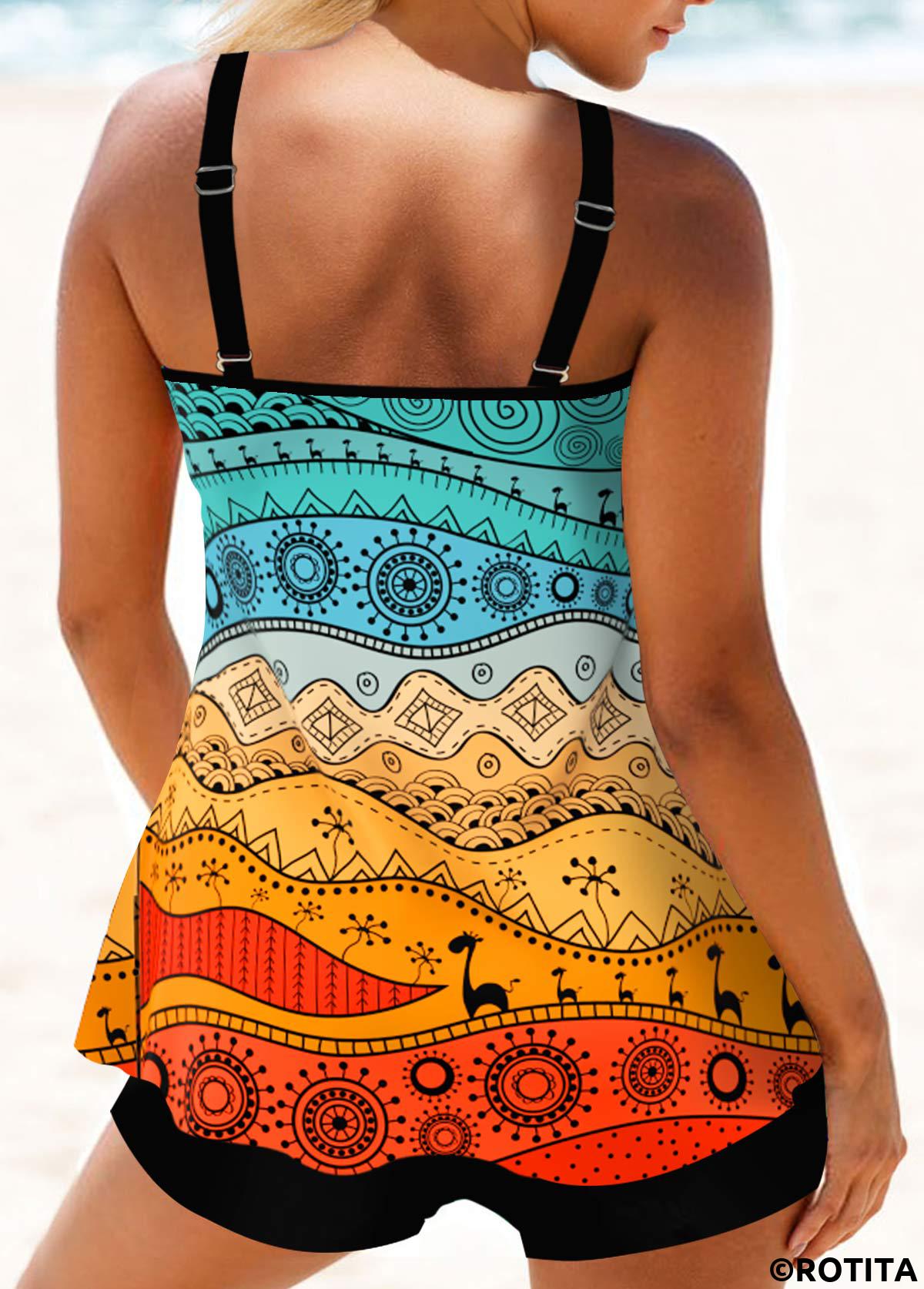 Multi Color swimwear,Tribal swimwear,Striped swimwear,Geometric swimwear,Dot swimwear,ROTITA Circular Ring Multi Color Tribal Print Tankini Set