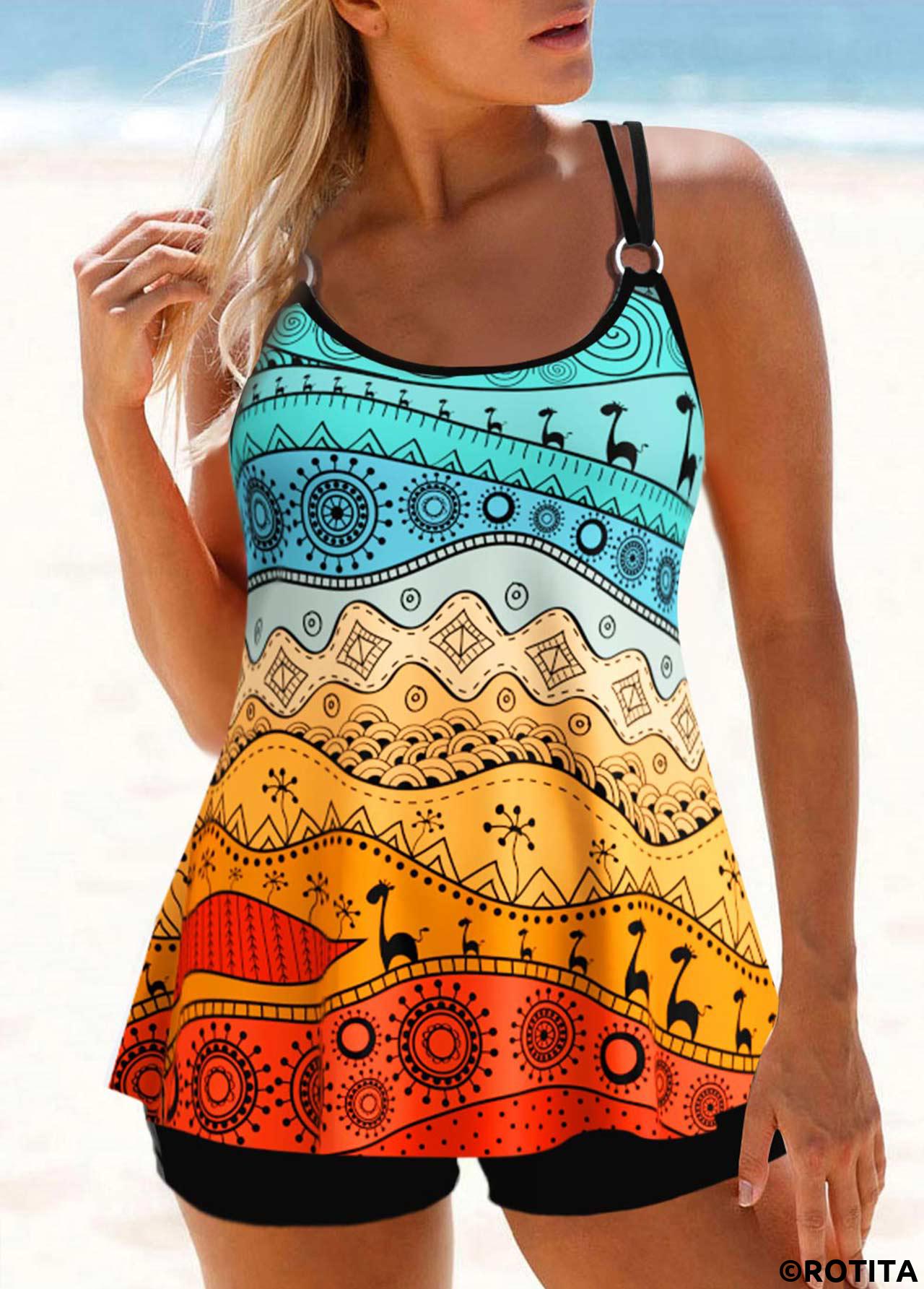 Multi Color swimwear,Tribal swimwear,Striped swimwear,Geometric swimwear,Dot swimwear,ROTITA Circular Ring Multi Color Tribal Print Tankini Set