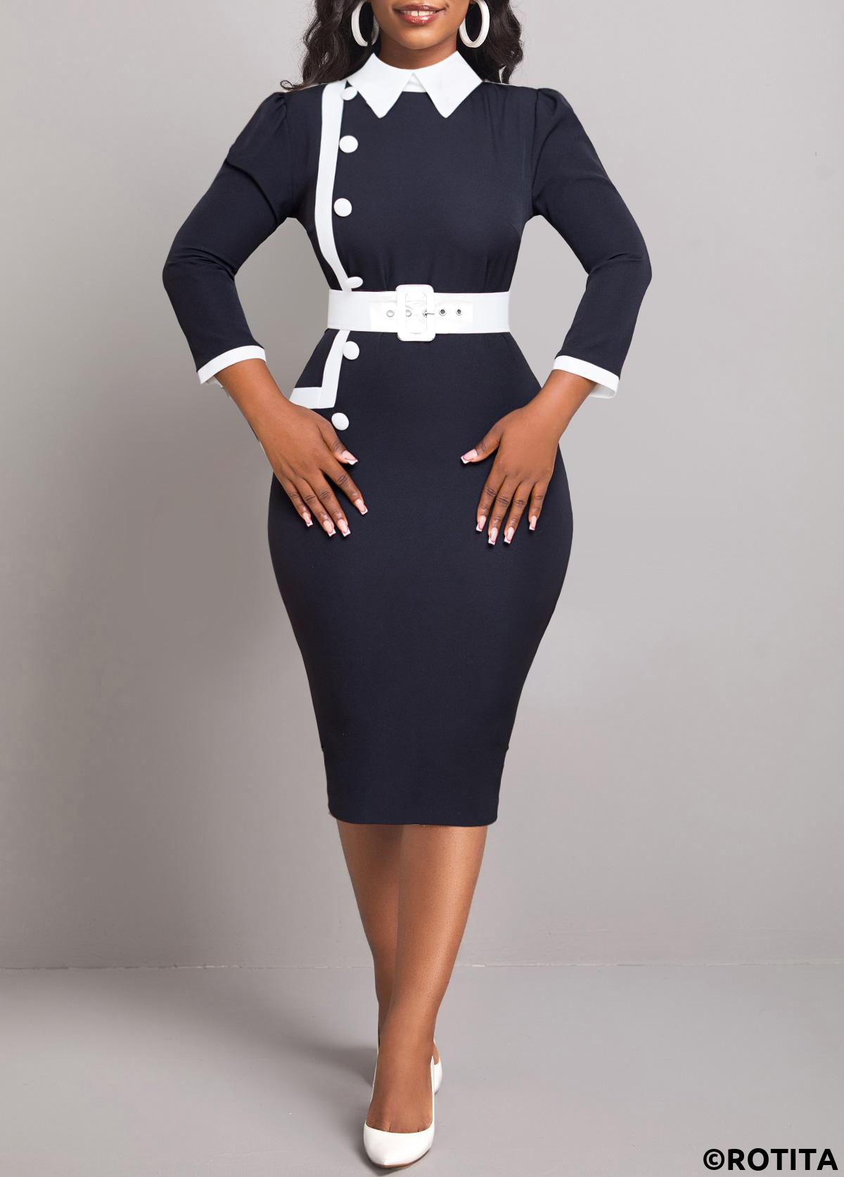 ROTITA Contrast Binding Black Belted Polo Collar Dress