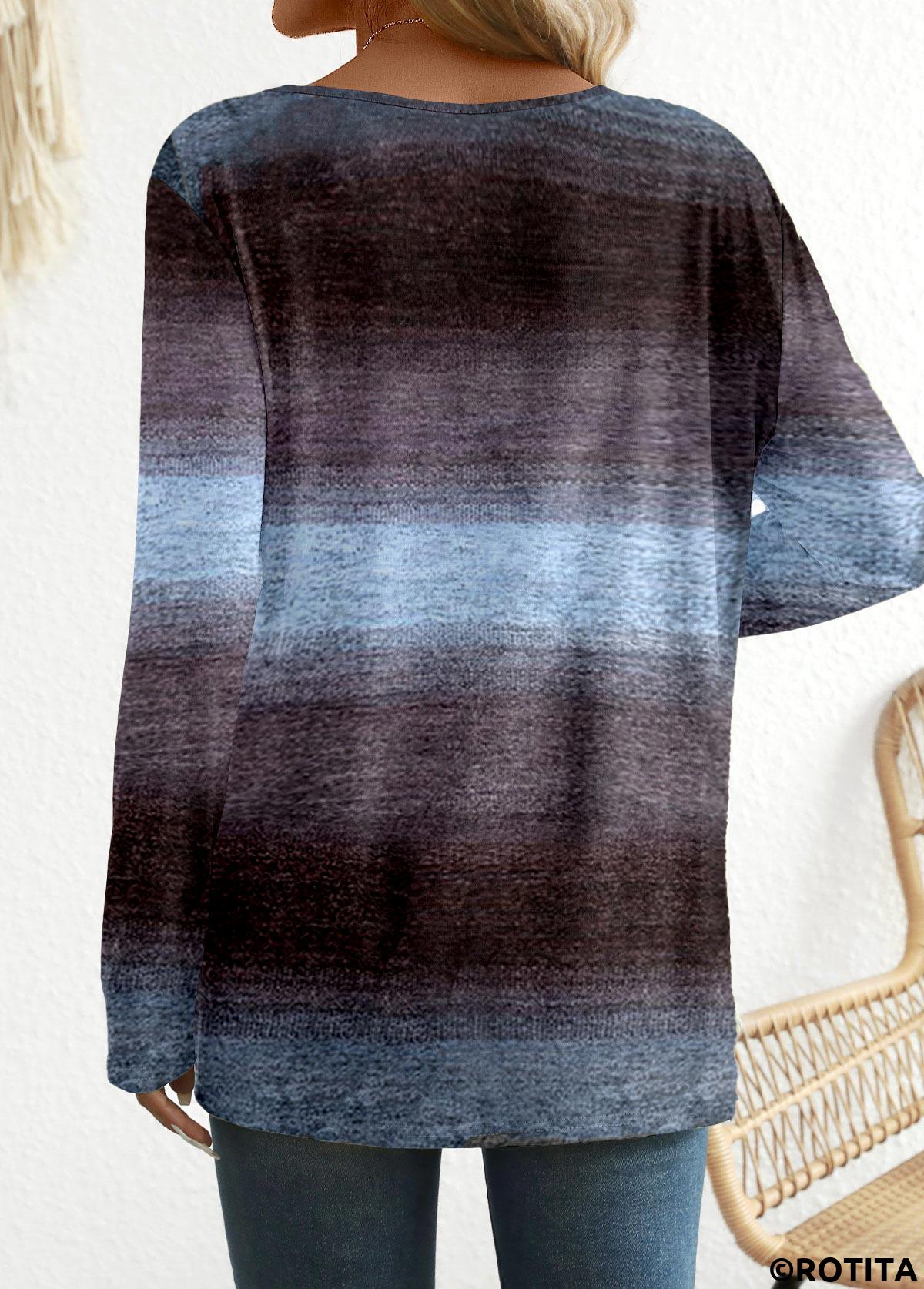 Rotita Patchwork-Ombre-Langarm-T-Shirt mit Rundhalsausschnitt