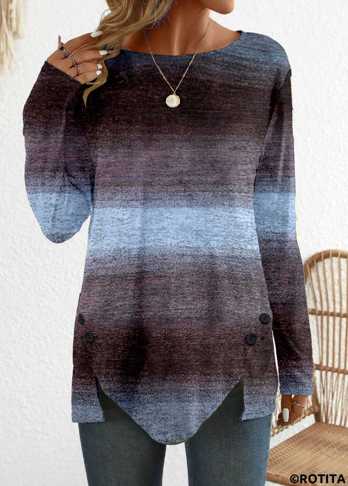 Rotita Patchwork-Ombre-Langarm-T-Shirt mit Rundhalsausschnitt
