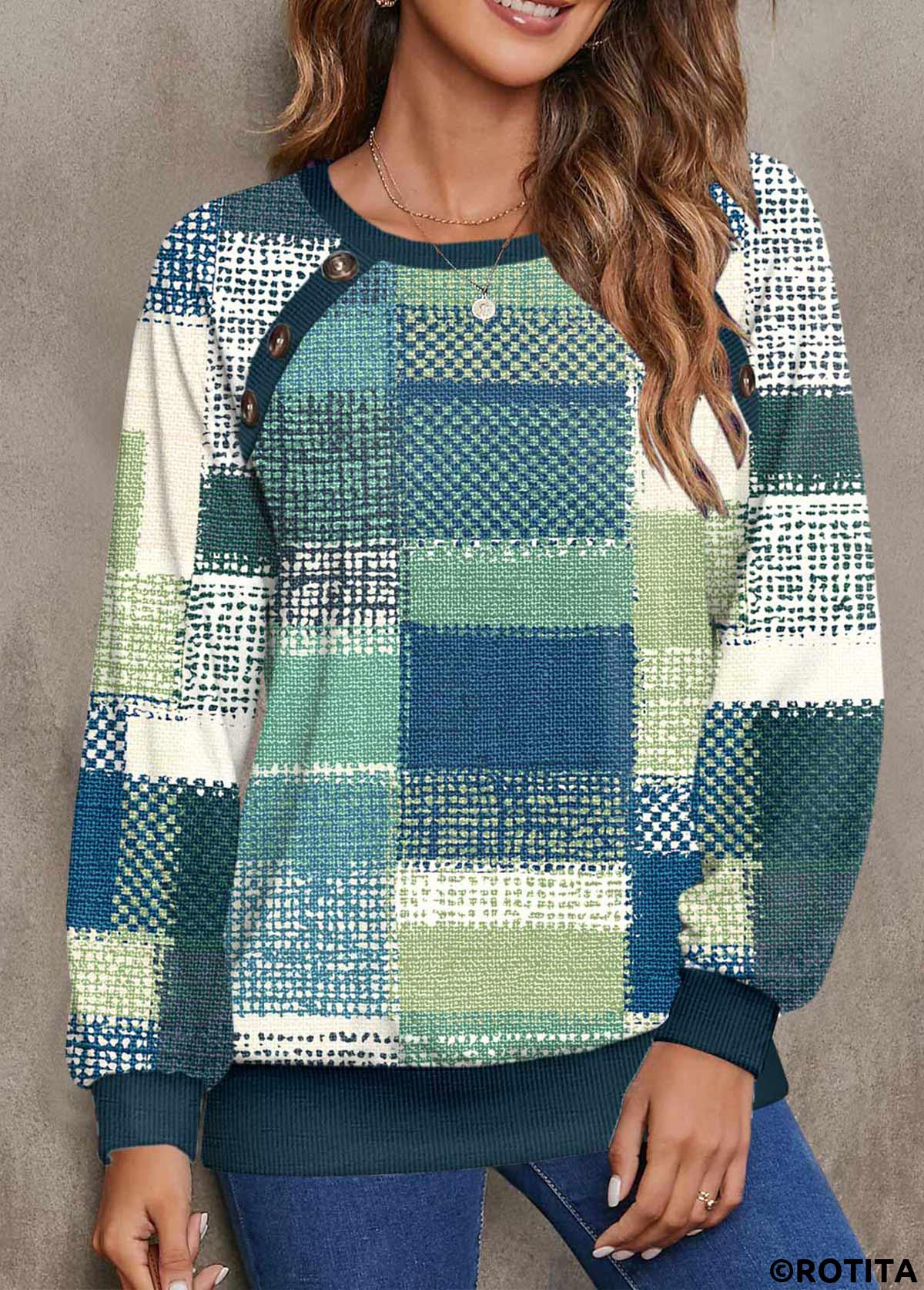 sweat-shirt col rond multicolore imprimé géométrique bouton rotita