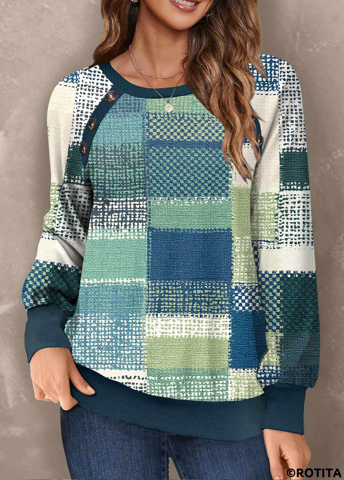 sweat-shirt col rond multicolore imprimé géométrique bouton rotita
