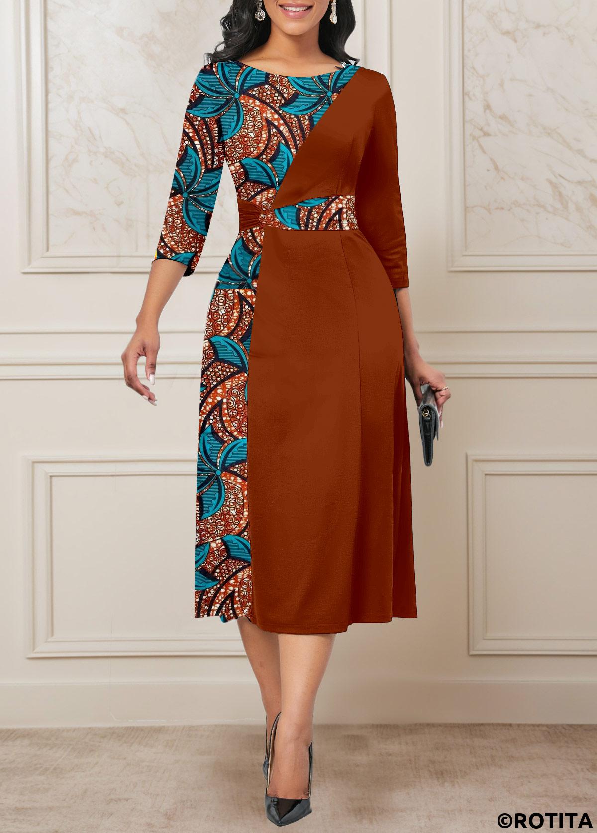 rotita patchwork imprimé tribal café foncé robe à col rond
