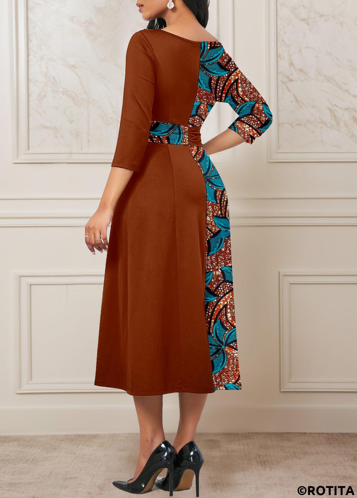 rotita patchwork imprimé tribal café foncé robe à col rond