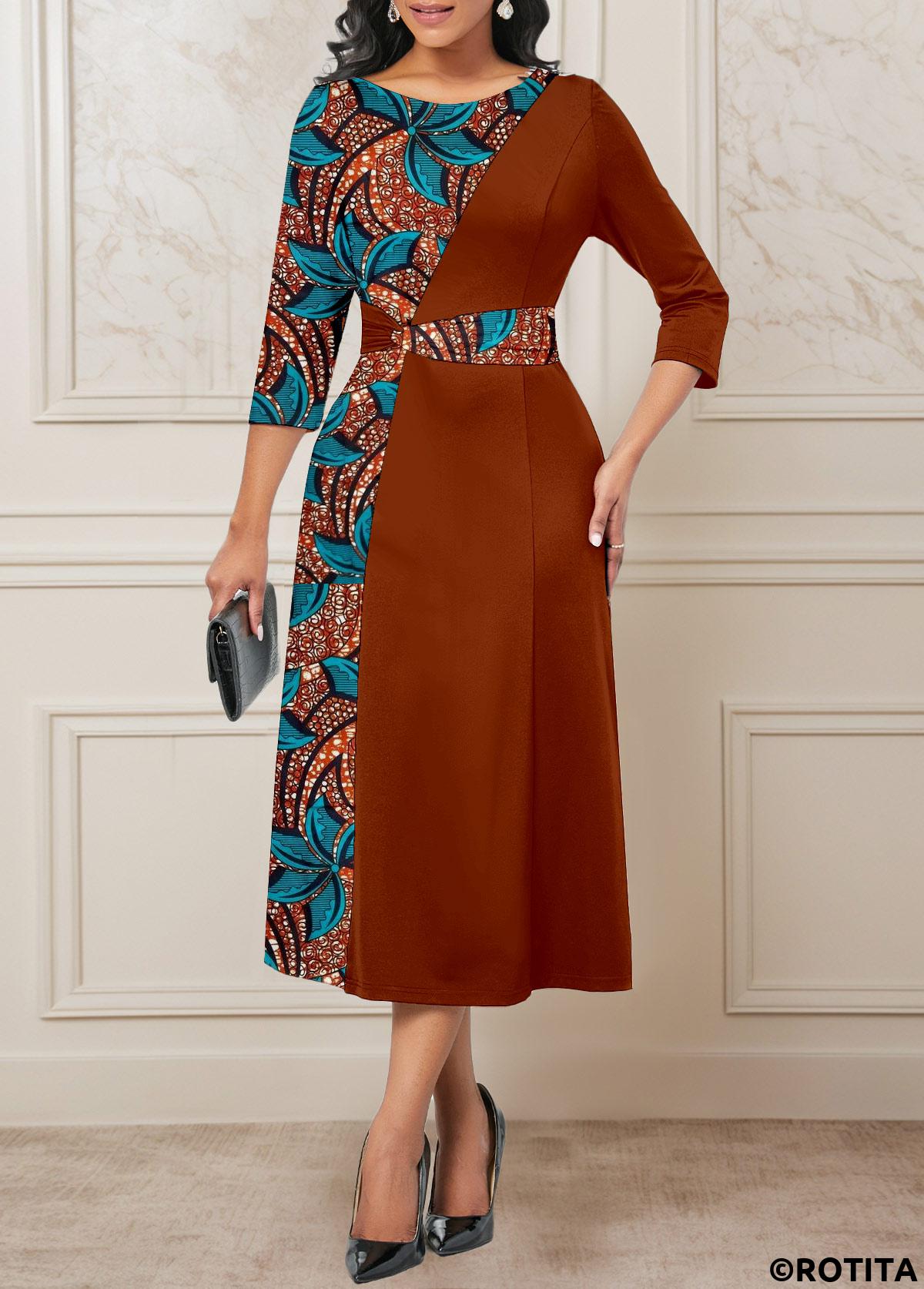 rotita patchwork imprimé tribal café foncé robe à col rond