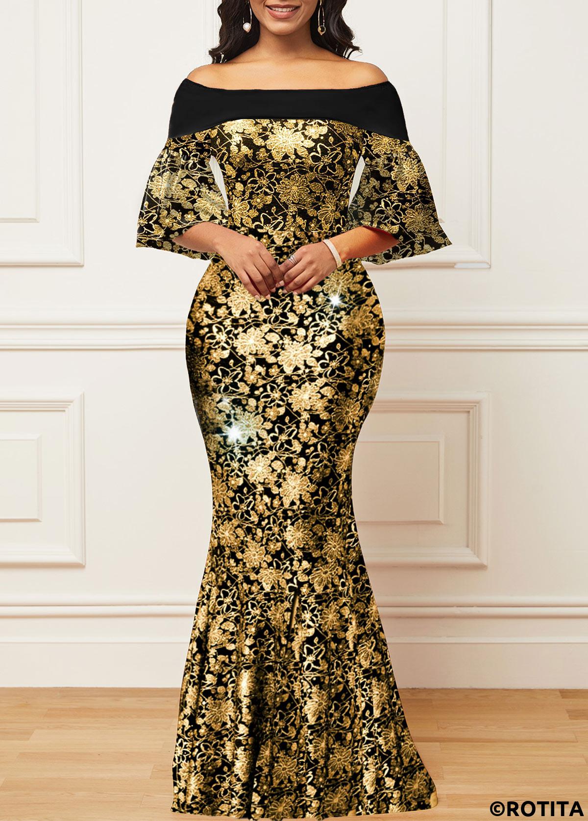 Black dresses,Golden dresses,Floral dresses,Geometric dresses,Party dresses,Elegant dresses,ROTITA Floral Print Black Off Shoulder Mermaid Bodycon Dress