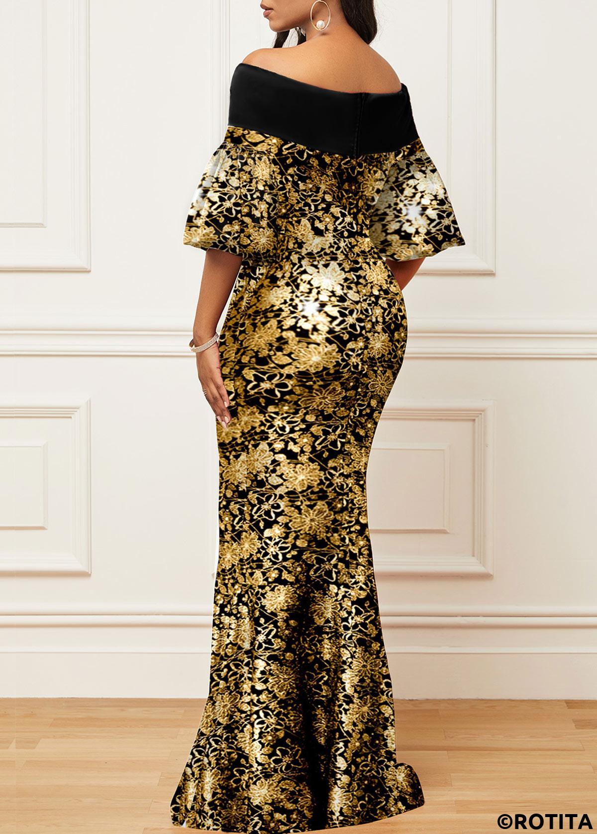 Black dresses,Golden dresses,Floral dresses,Geometric dresses,Party dresses,Elegant dresses,ROTITA Floral Print Black Off Shoulder Mermaid Bodycon Dress